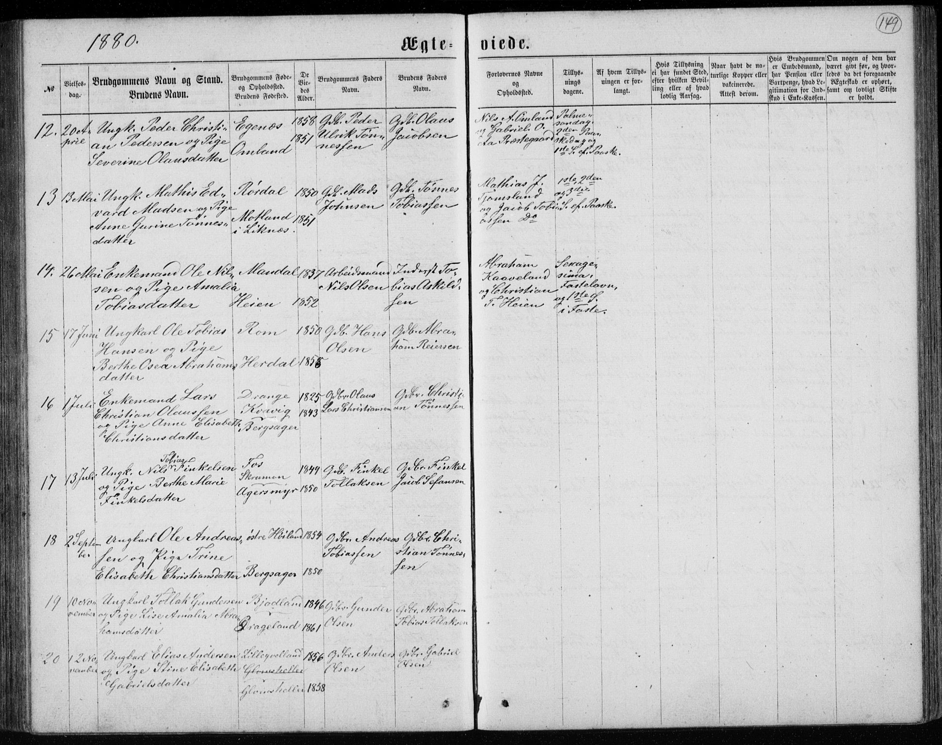 Lyngdal sokneprestkontor, AV/SAK-1111-0029/F/Fb/Fbc/L0004: Parish register (copy) no. B 4, 1878-1896, p. 149