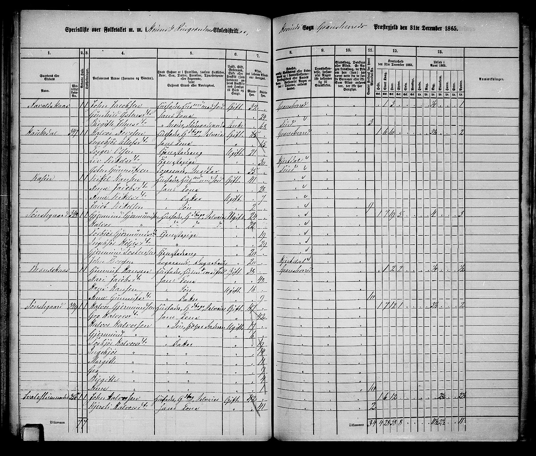 RA, 1865 census for Gransherad, 1865, p. 98