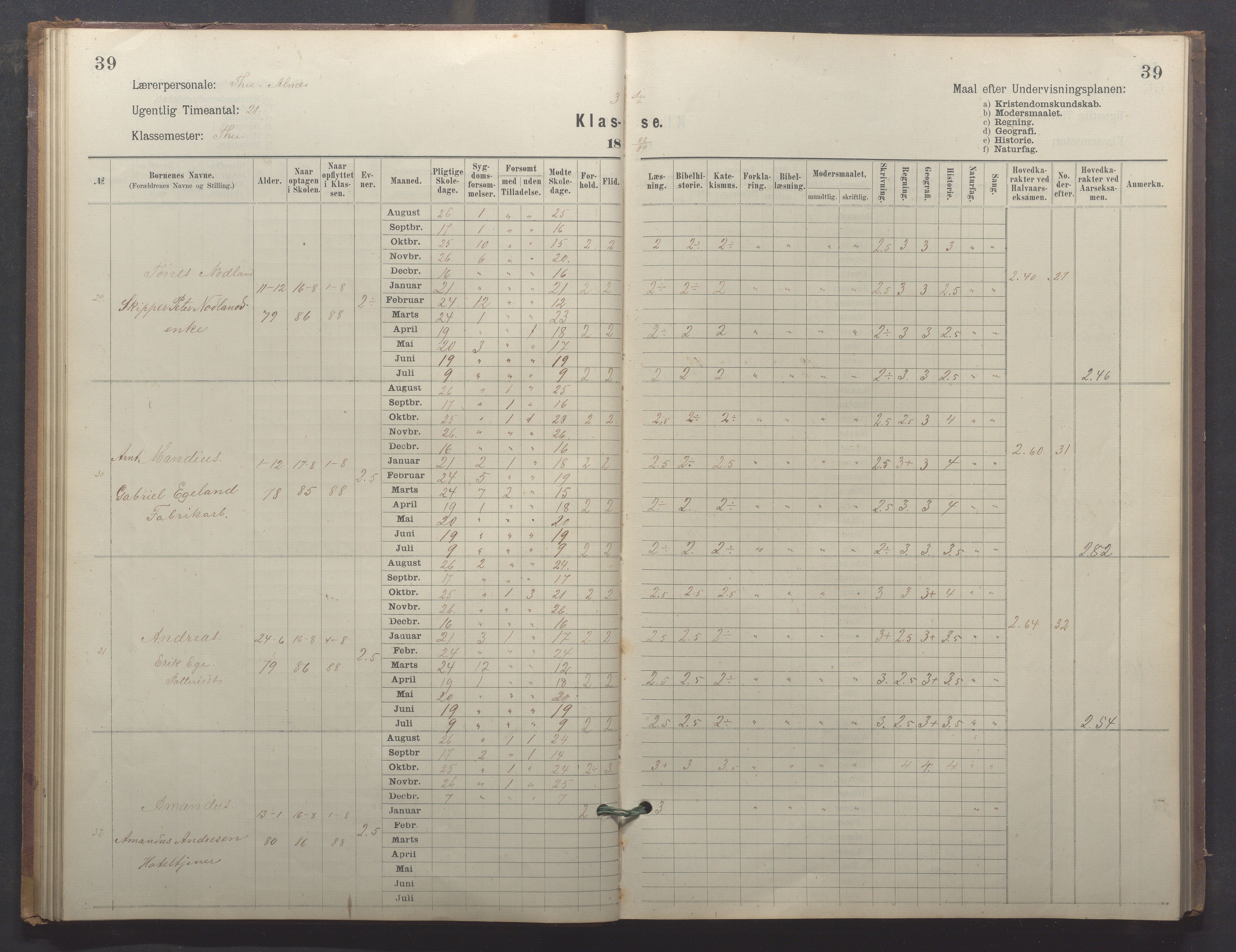 Egersund kommune (Ladested) - Egersund almueskole/folkeskole, IKAR/K-100521/H/L0024: Skoleprotokoll - Almueskolen, 3. klasse, 1887-1892, p. 39