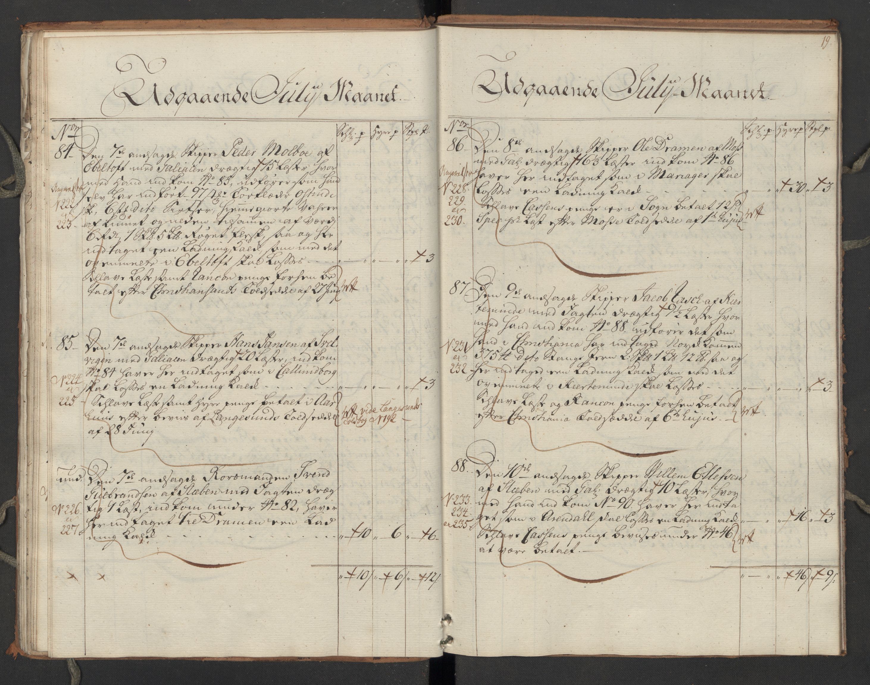 Generaltollkammeret, tollregnskaper, AV/RA-EA-5490/R06/L0064/0002: Tollregnskaper Kristiania / Utgående hovedtollbok Slependen, 1762, p. 18b-19a