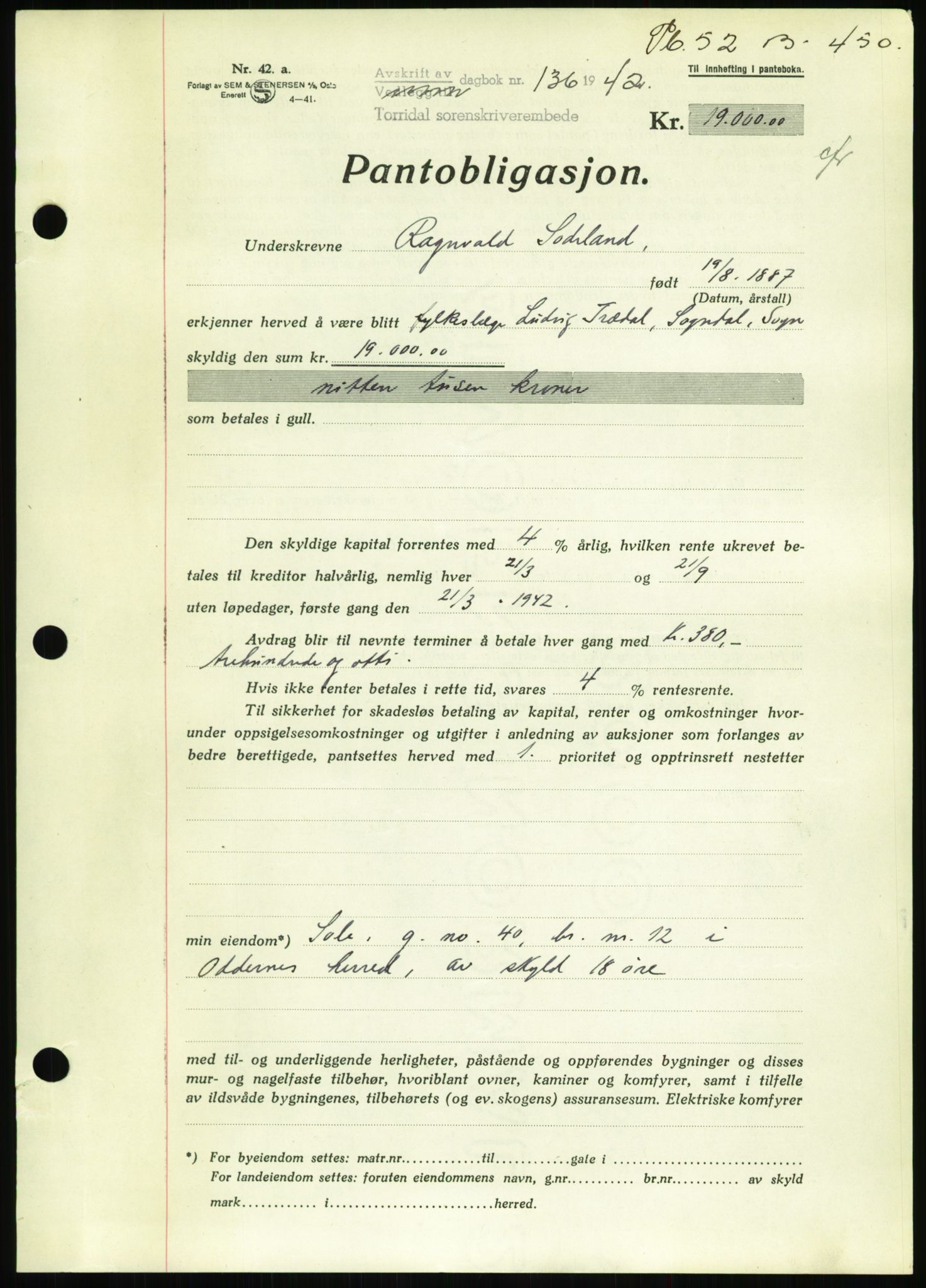 Torridal sorenskriveri, SAK/1221-0012/G/Gb/Gbb/L0008: Mortgage book no. 52b, 1940-1942, Diary no: : 136/1942