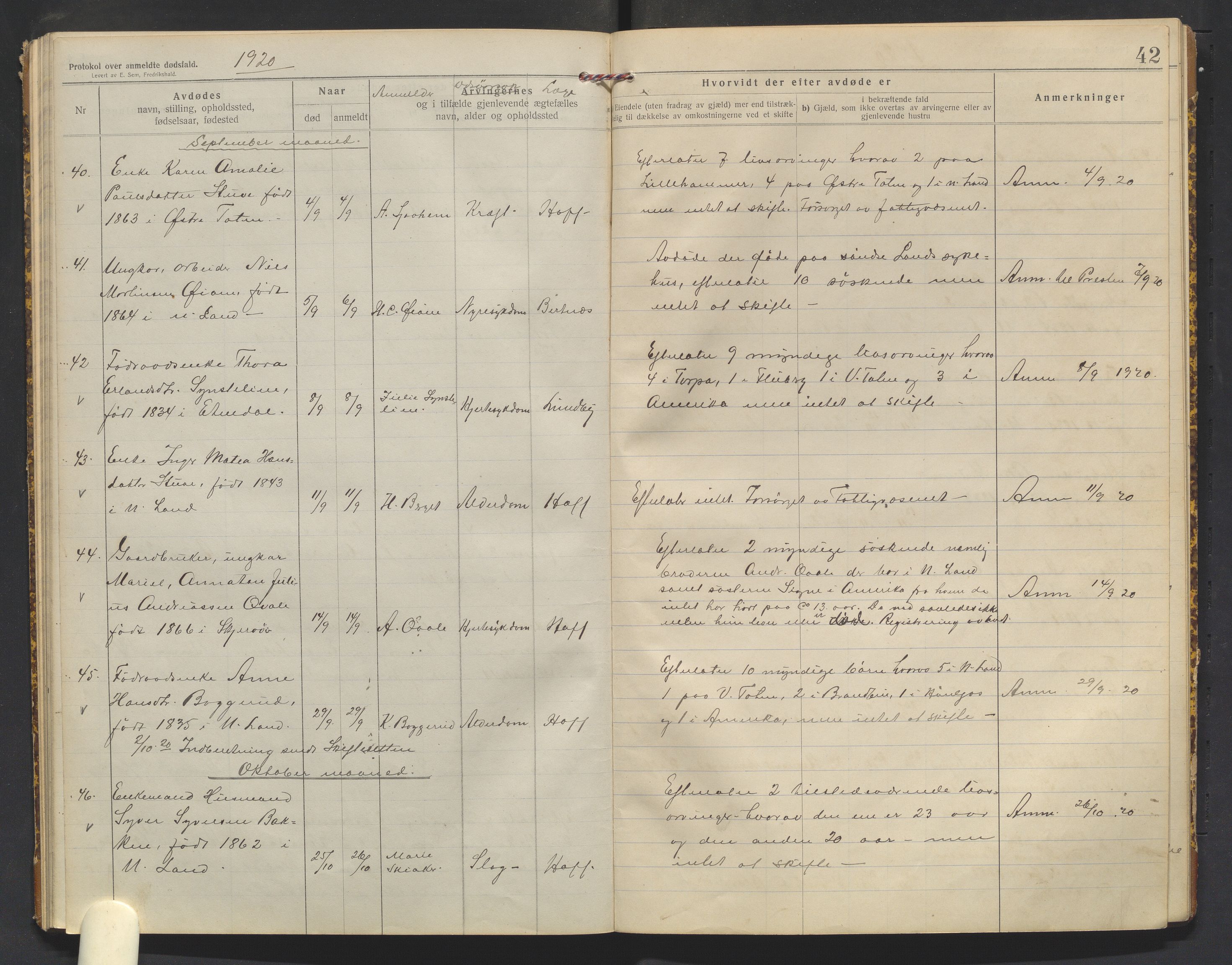 Nordre Land lensmannskontor, AV/SAH-LON-013/H/Ha/Haa/L0001/0003: Dødsfallsprotokoller / Dødsfallsprotokoll, 1916-1921, p. 42