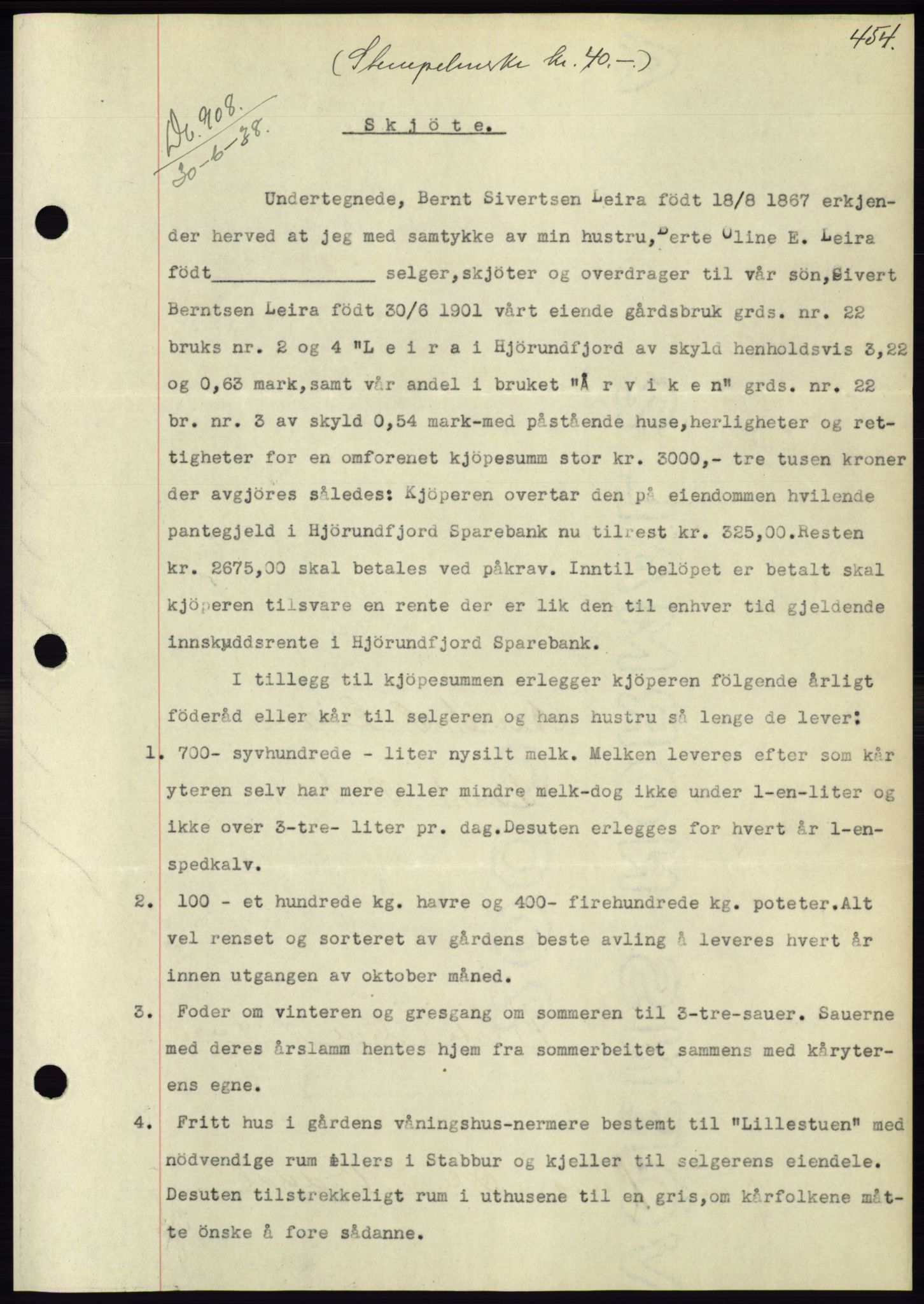 Søre Sunnmøre sorenskriveri, AV/SAT-A-4122/1/2/2C/L0065: Mortgage book no. 59, 1938-1938, Diary no: : 908/1938