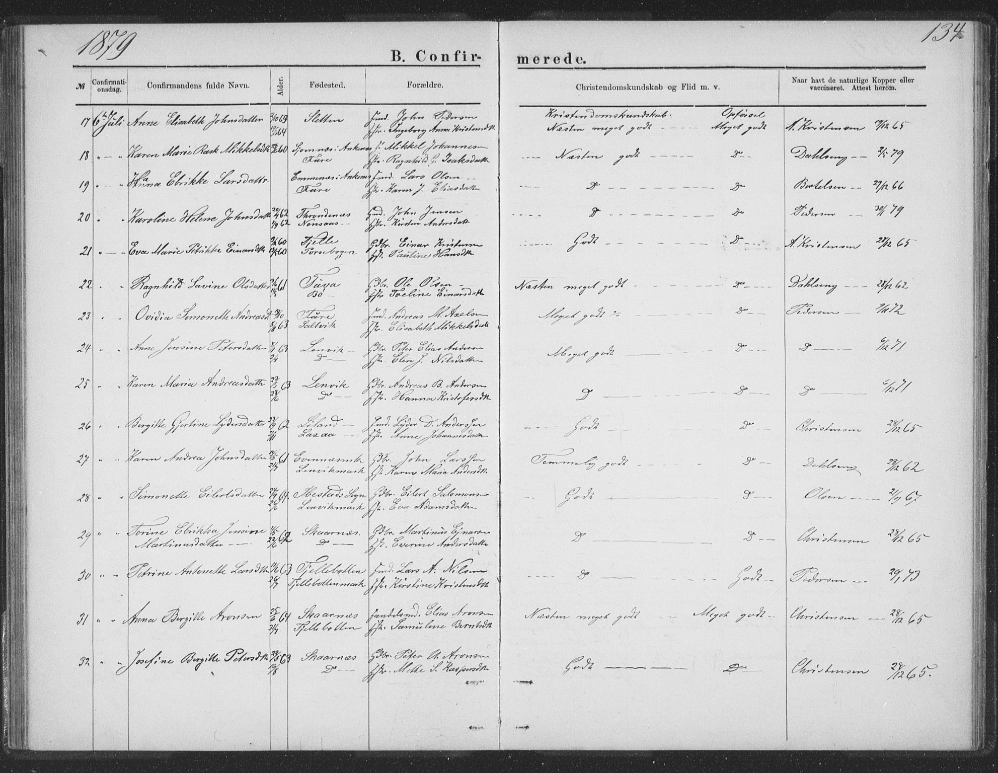 Ministerialprotokoller, klokkerbøker og fødselsregistre - Nordland, AV/SAT-A-1459/863/L0913: Parish register (copy) no. 863C03, 1877-1885, p. 134