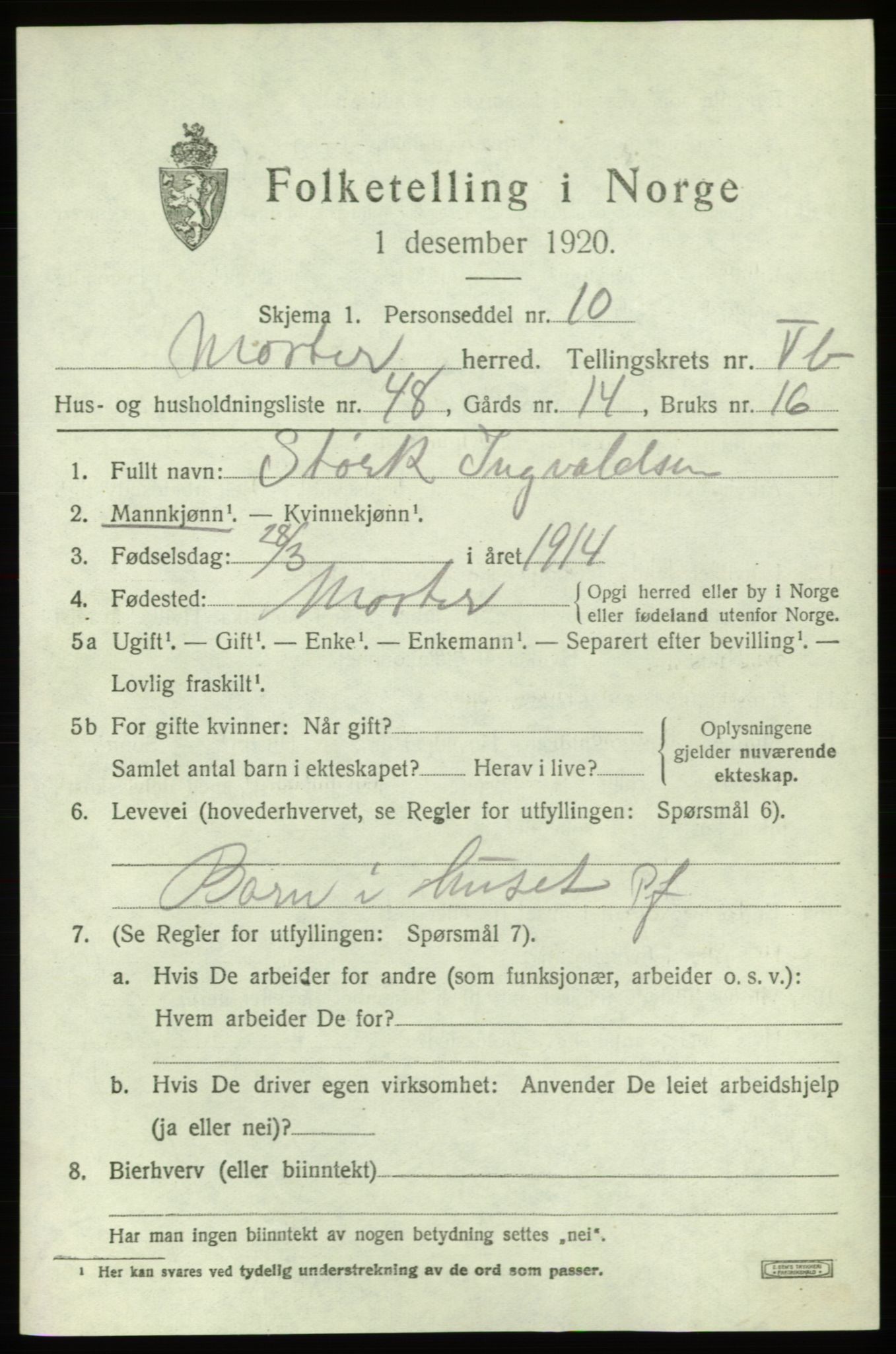 SAB, 1920 census for Moster, 1920, p. 2485