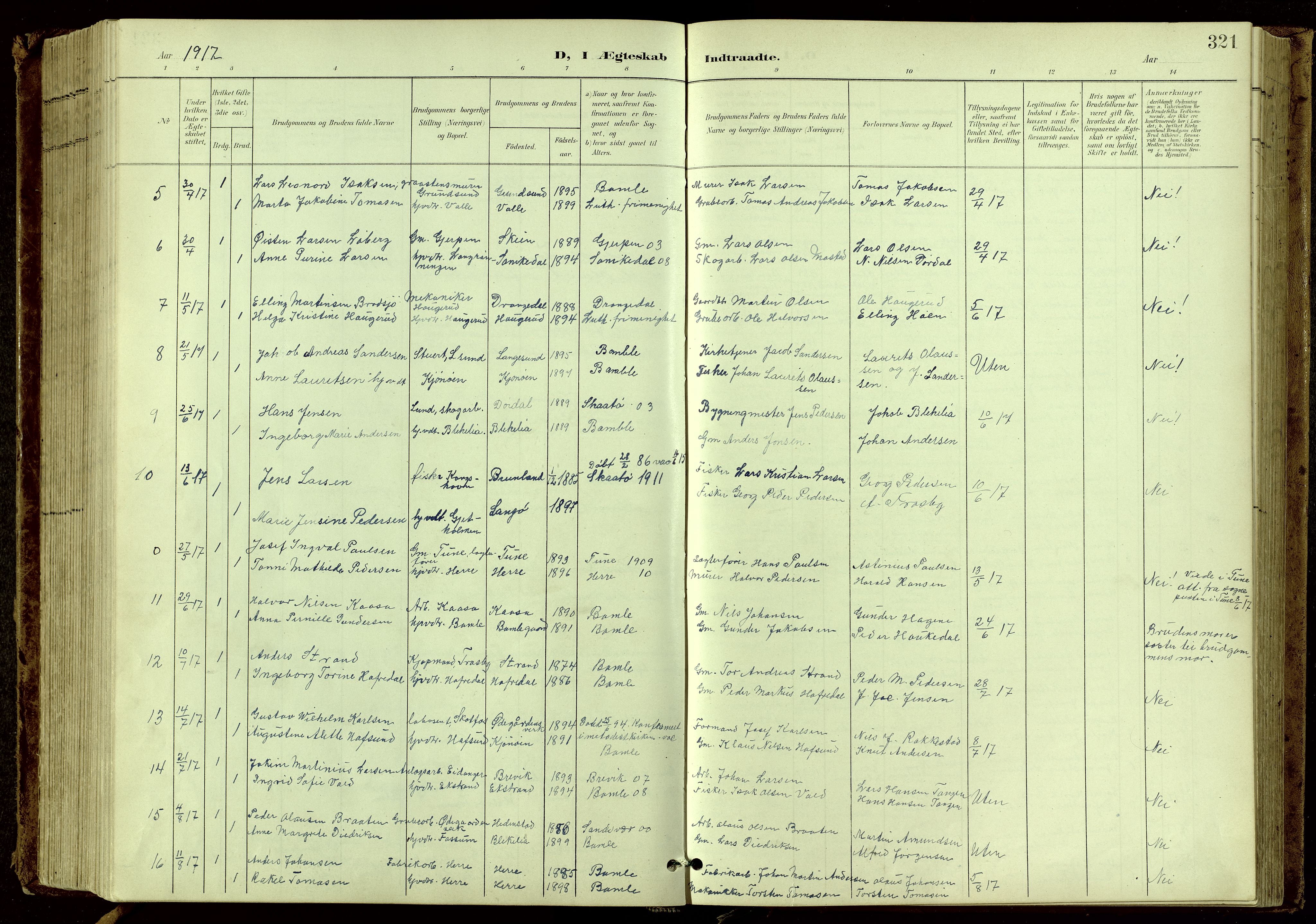 Bamble kirkebøker, SAKO/A-253/G/Ga/L0010: Parish register (copy) no. I 10, 1901-1919, p. 321