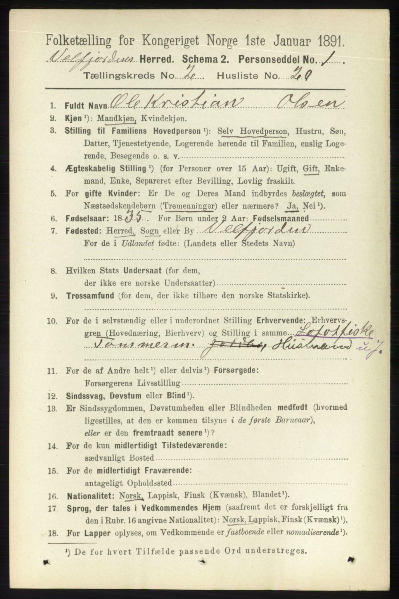 RA, 1891 census for 1813 Velfjord, 1891, p. 675