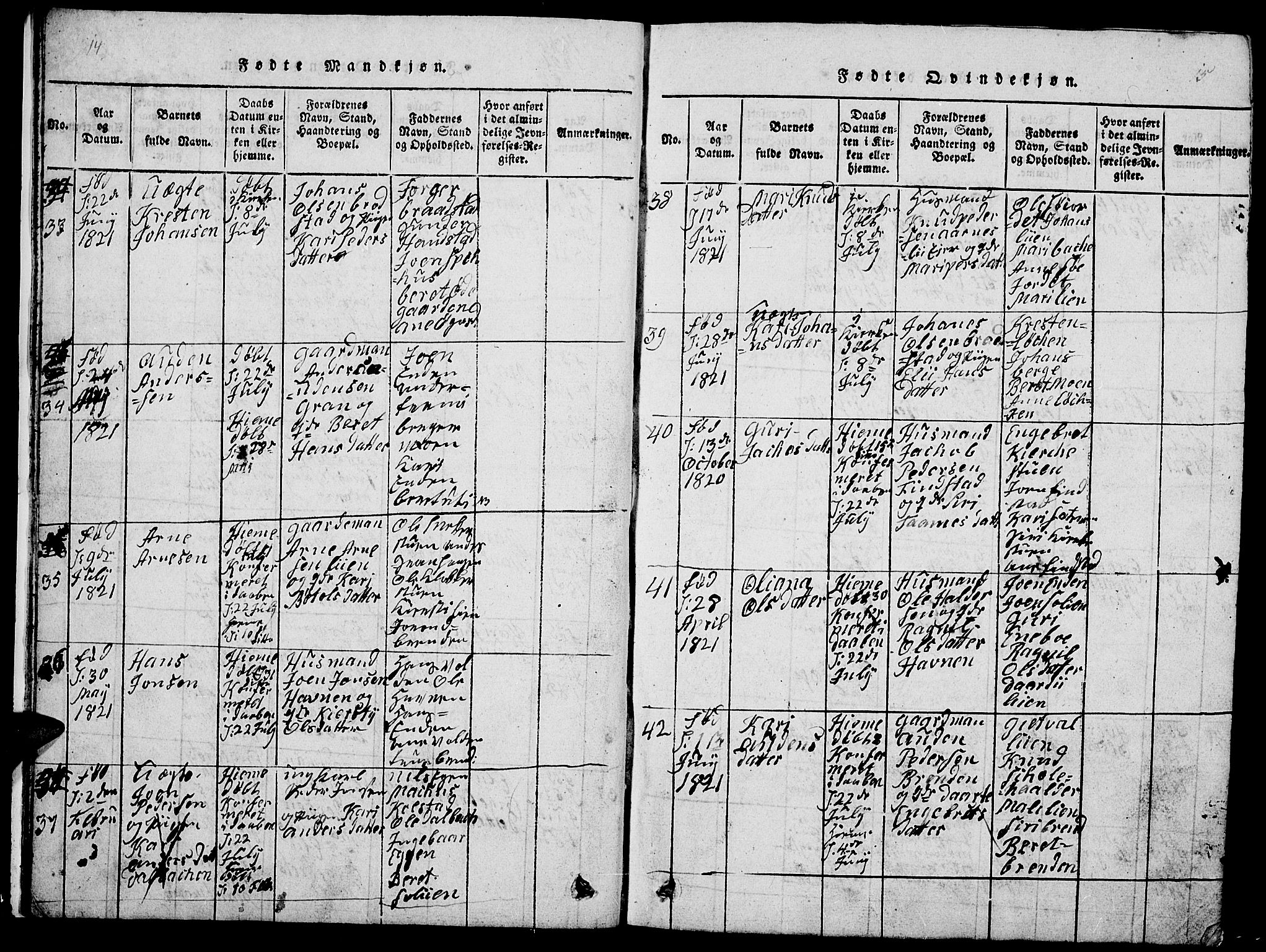 Ringebu prestekontor, AV/SAH-PREST-082/H/Ha/Hab/L0001: Parish register (copy) no. 1, 1821-1839, p. 14-15