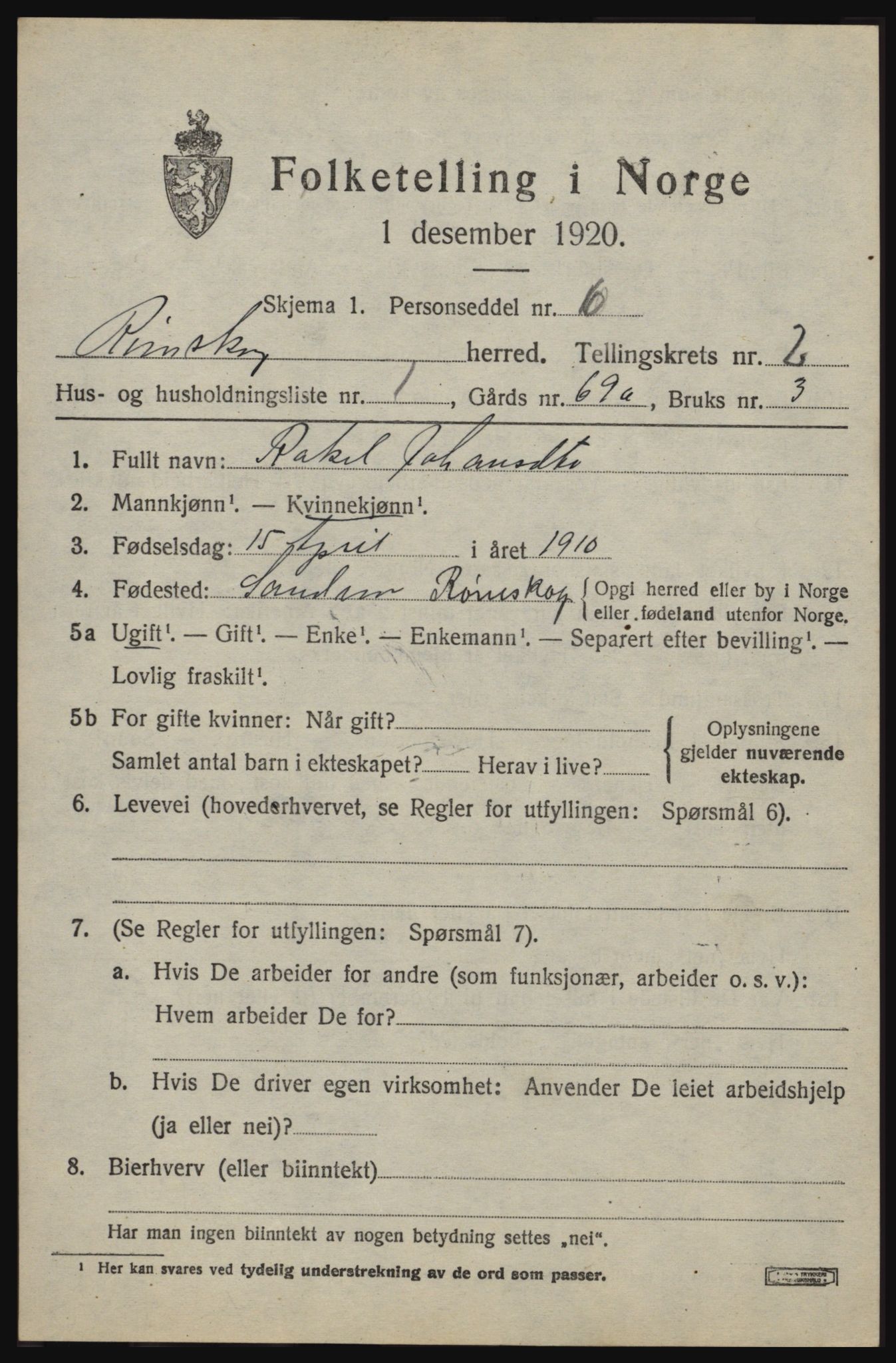 SAO, 1920 census for Rømskog, 1920, p. 516