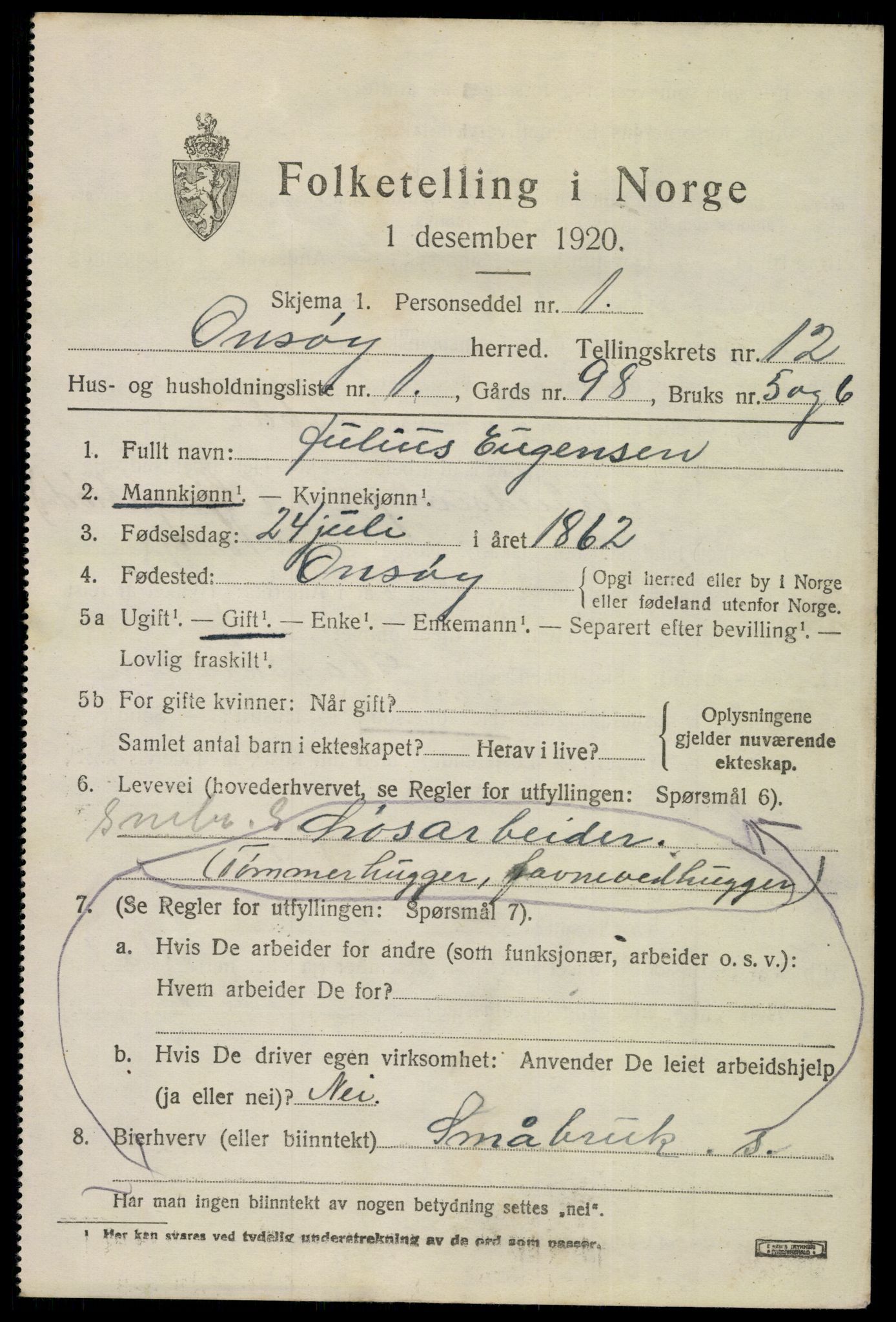 SAO, 1920 census for Onsøy, 1920, p. 14766