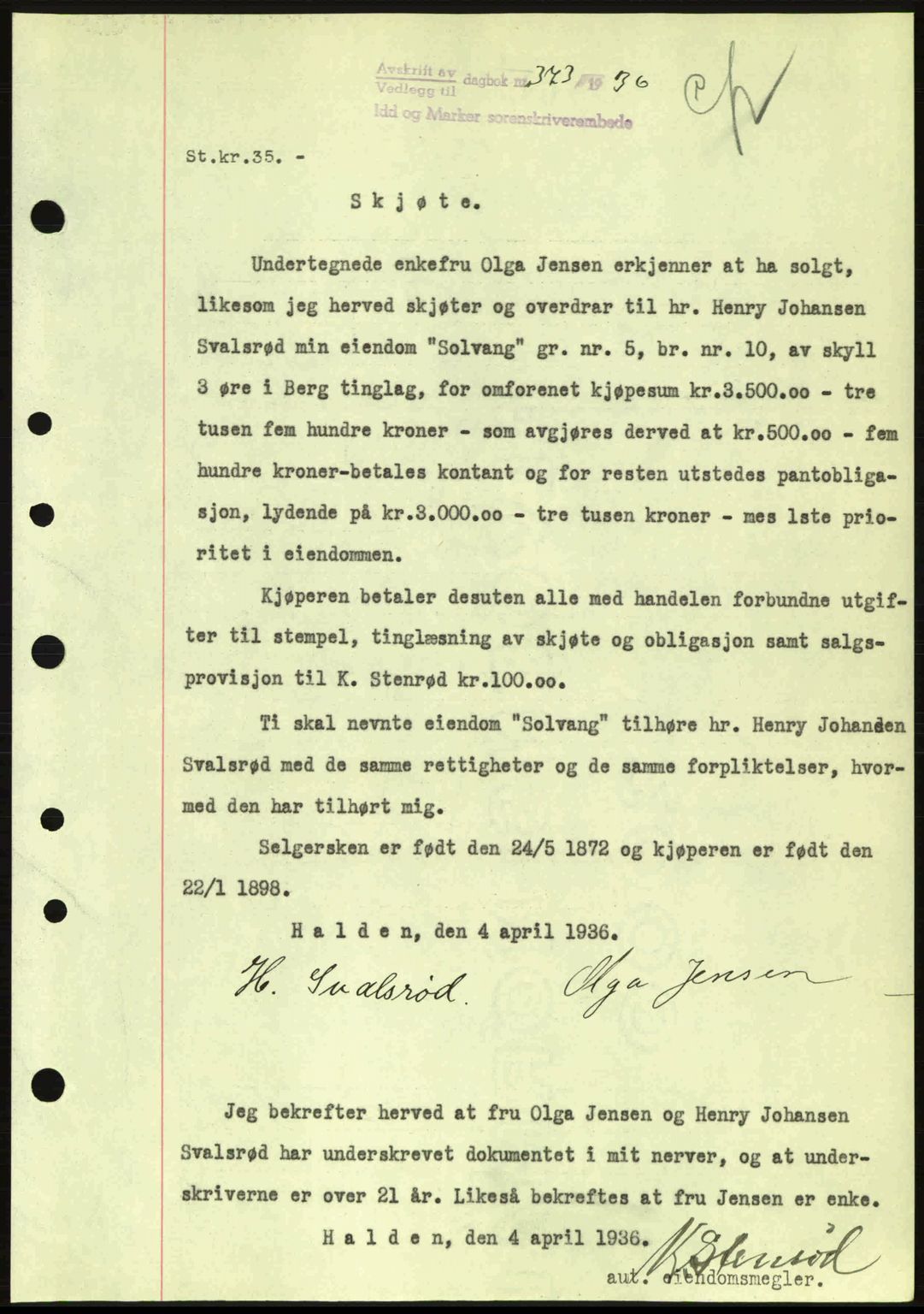 Idd og Marker sorenskriveri, AV/SAO-A-10283/G/Gb/Gbb/L0001: Mortgage book no. A1, 1936-1937, Diary no: : 373/1936