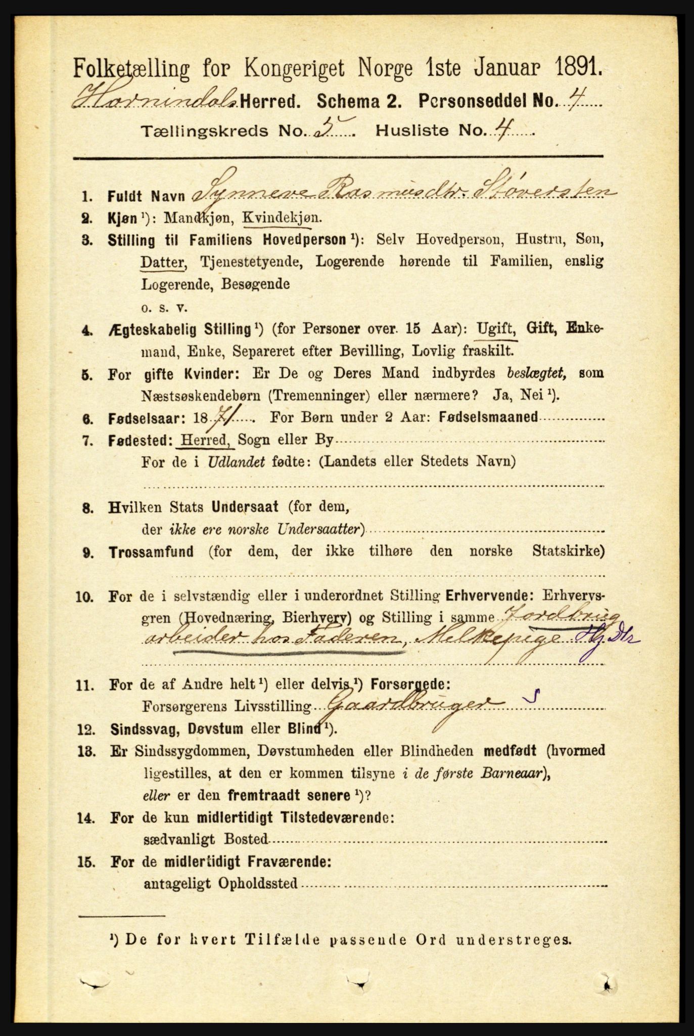 RA, 1891 census for 1444 Hornindal, 1891, p. 1159