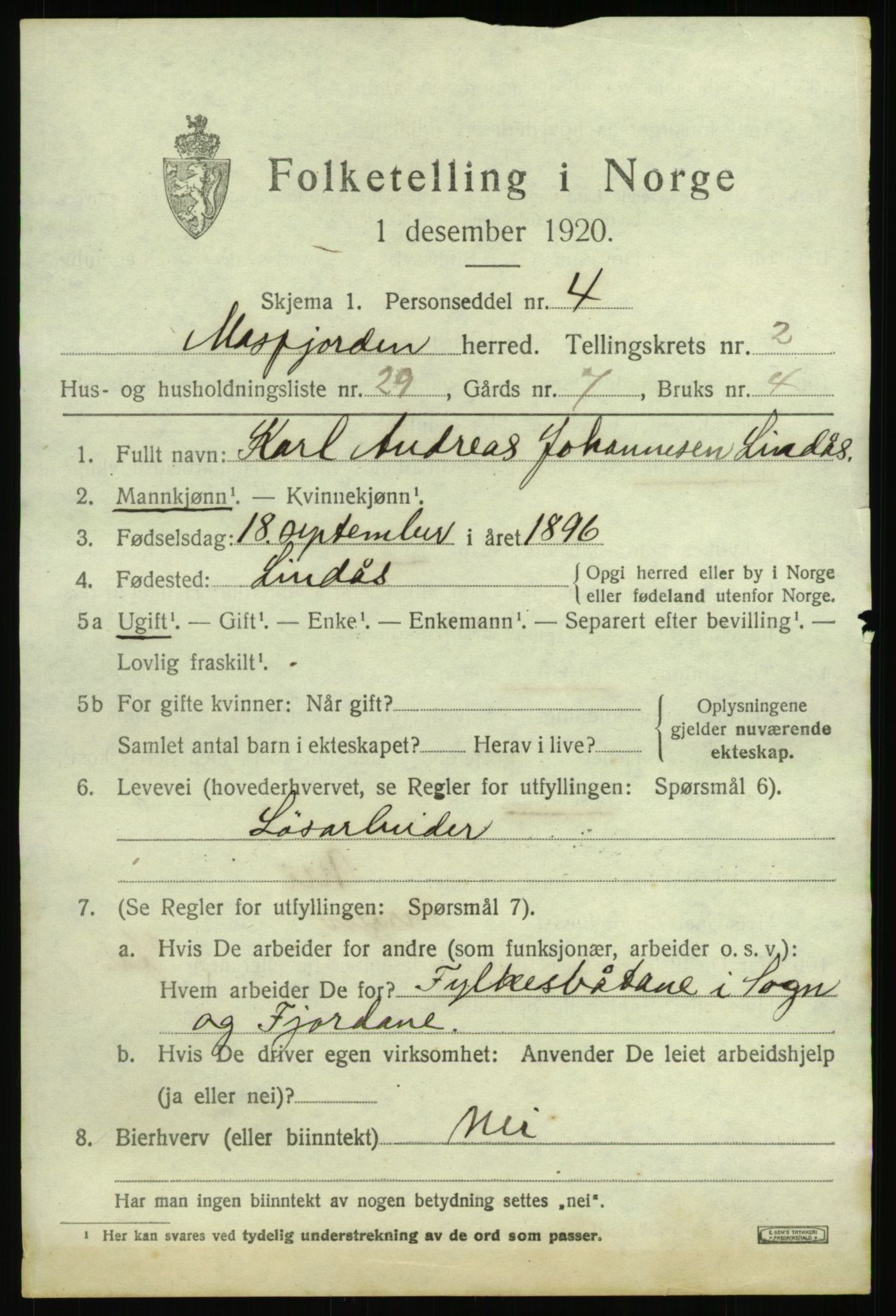 SAB, 1920 census for Masfjorden, 1920, p. 1383