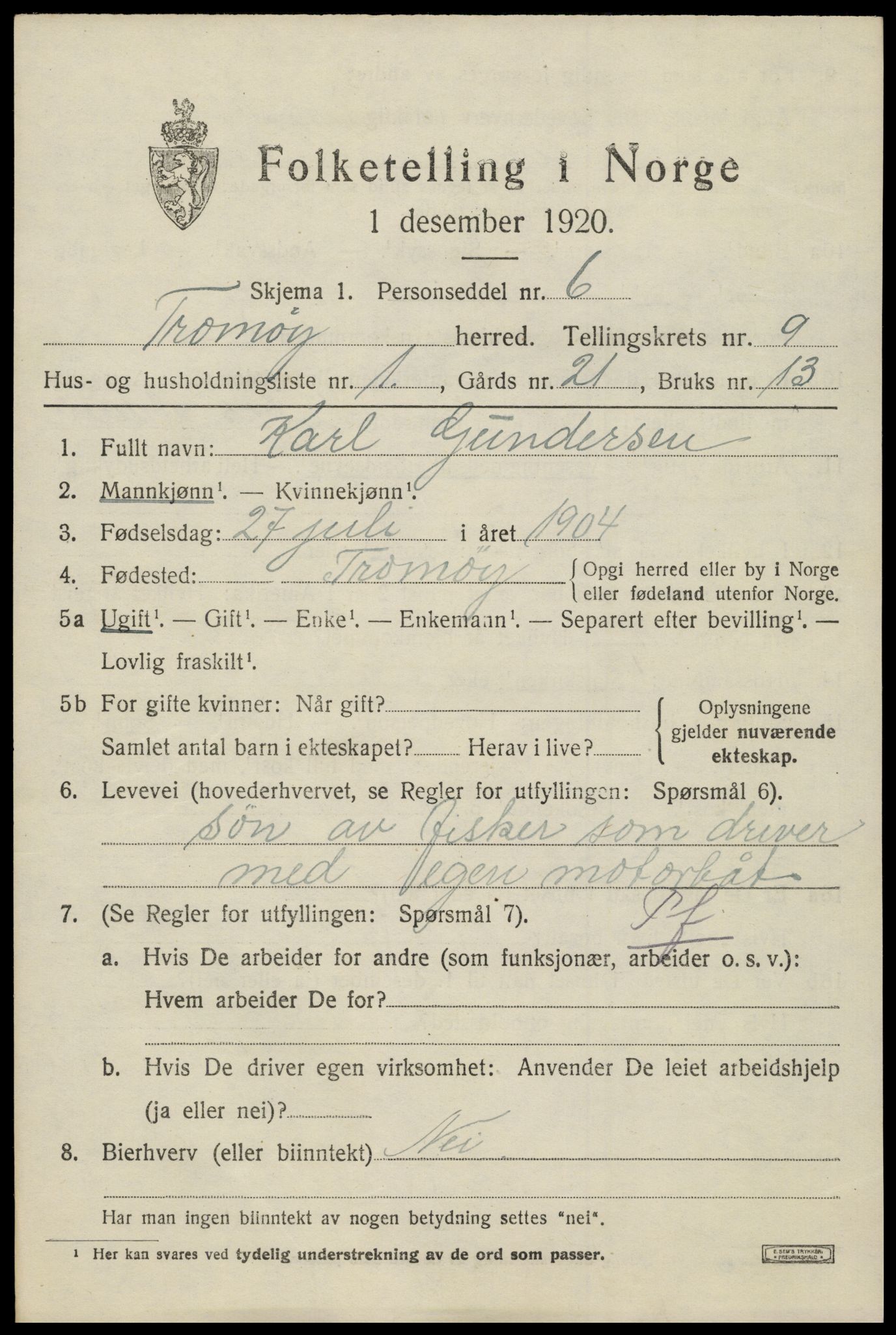 SAK, 1920 census for Tromøy, 1920, p. 5877