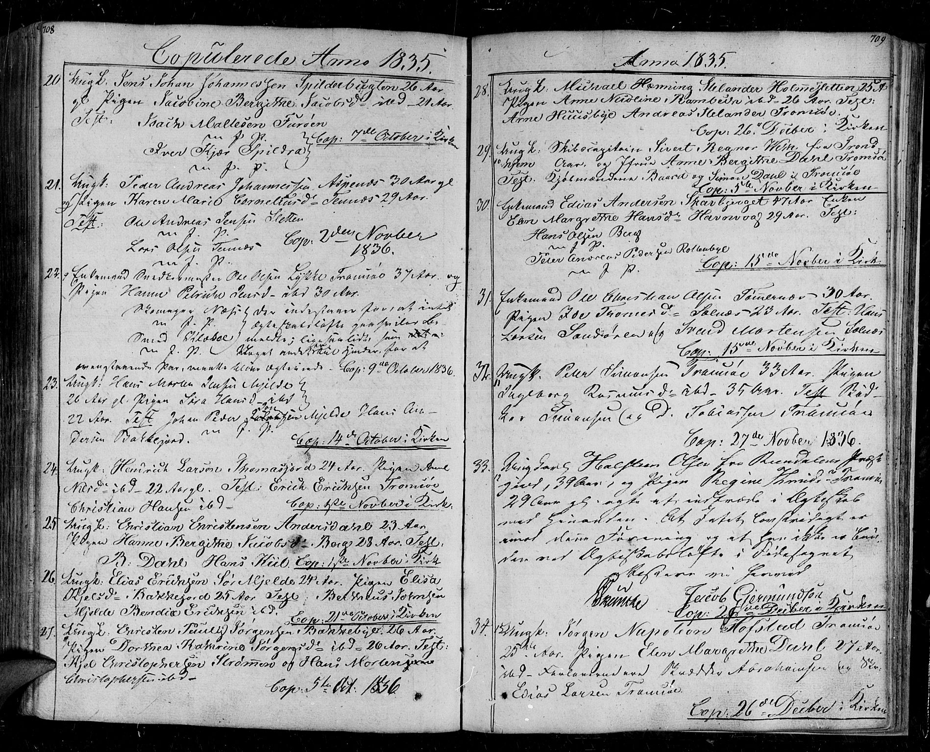 Tromsø sokneprestkontor/stiftsprosti/domprosti, SATØ/S-1343/G/Ga/L0008kirke: Parish register (official) no. 8, 1829-1837, p. 708-709