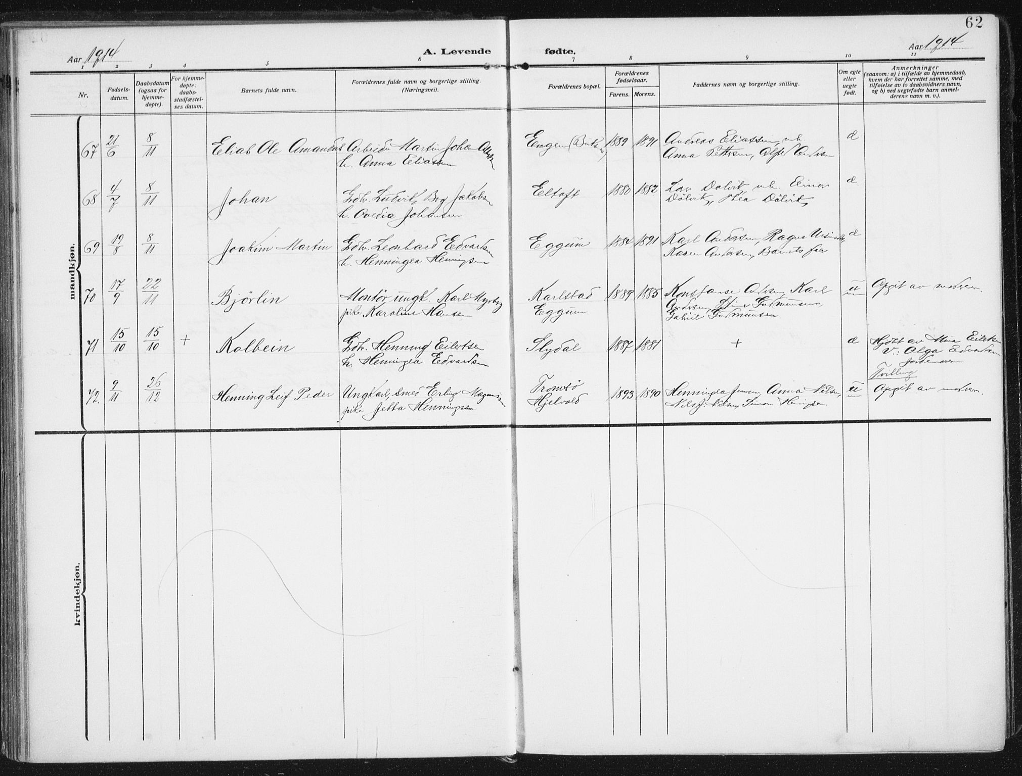 Ministerialprotokoller, klokkerbøker og fødselsregistre - Nordland, AV/SAT-A-1459/880/L1135: Parish register (official) no. 880A09, 1908-1919, p. 62