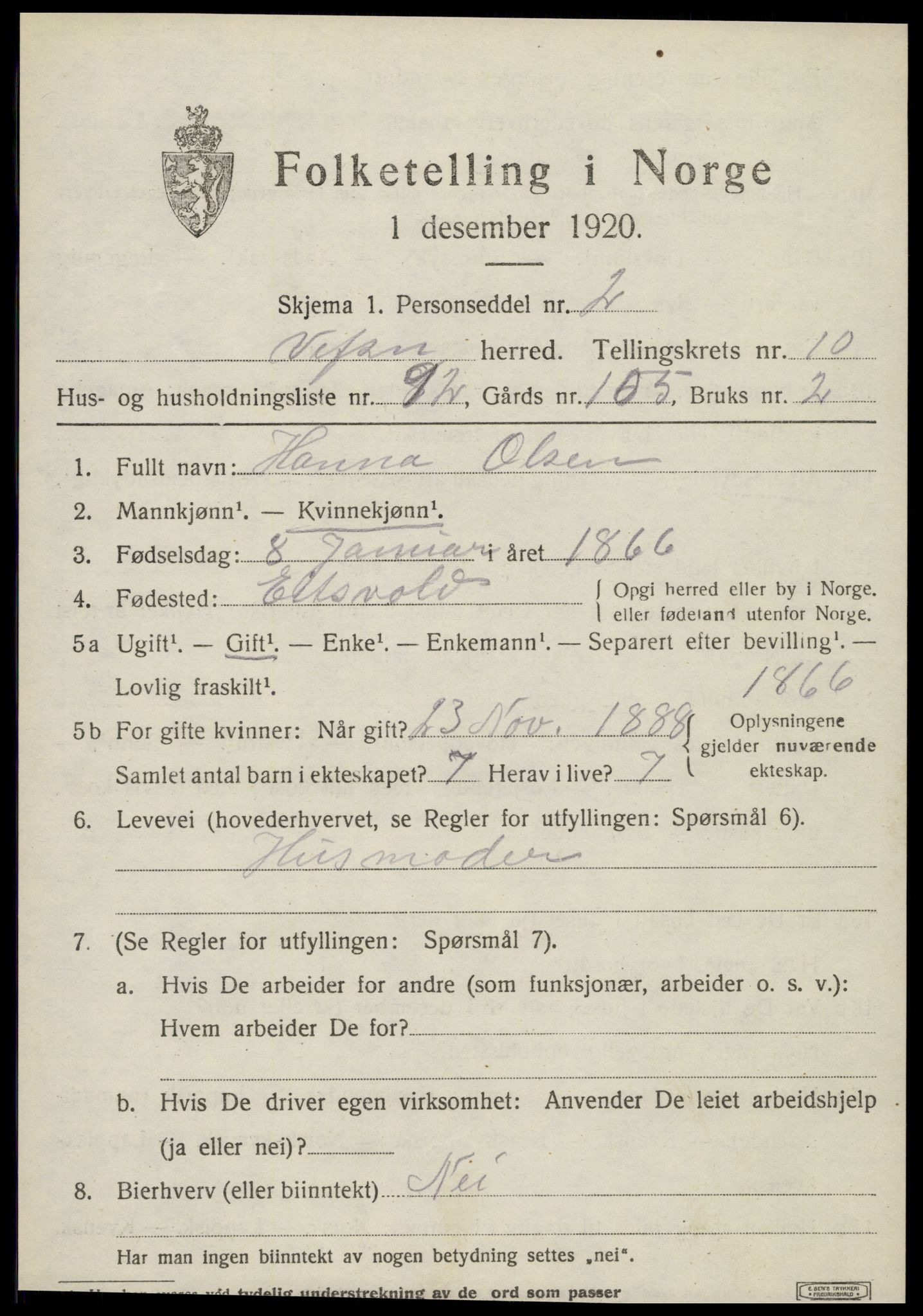 SAT, 1920 census for Vefsn, 1920, p. 7903