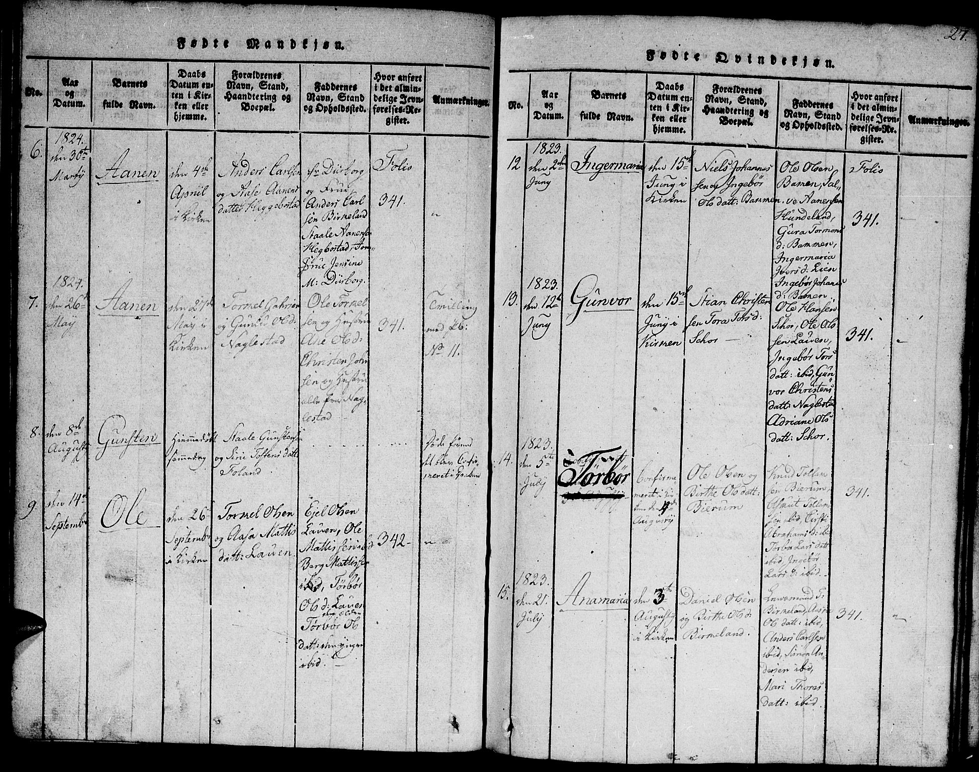 Hægebostad sokneprestkontor, AV/SAK-1111-0024/F/Fb/Fba/L0001: Parish register (copy) no. B 1, 1815-1844, p. 27