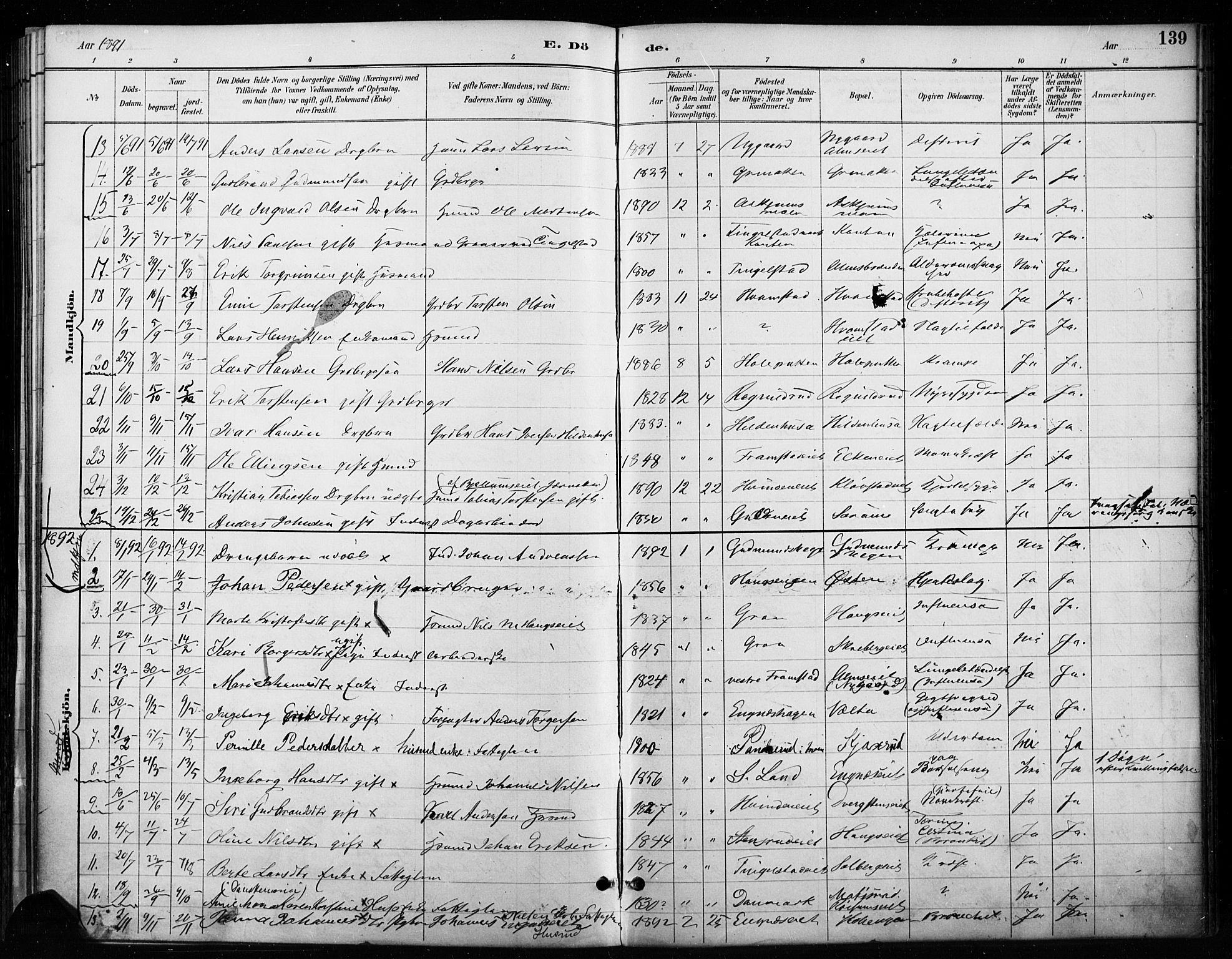 Gran prestekontor, SAH/PREST-112/H/Ha/Haa/L0018: Parish register (official) no. 18, 1889-1899, p. 139