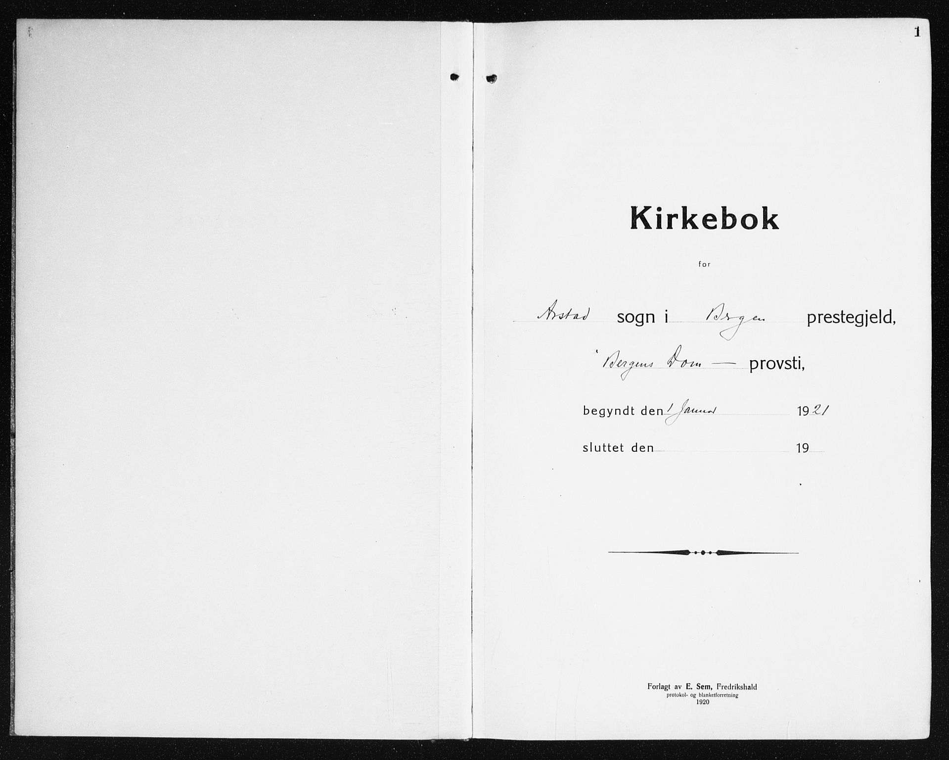 Årstad Sokneprestembete, SAB/A-79301/H/Haa/L0010: Parish register (official) no. E 1, 1921-1940, p. 1