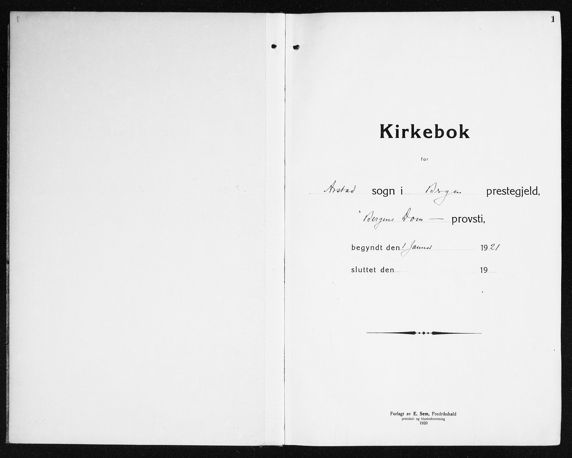 Årstad Sokneprestembete, AV/SAB-A-79301/H/Haa/L0010: Parish register (official) no. E 1, 1921-1940, p. 1