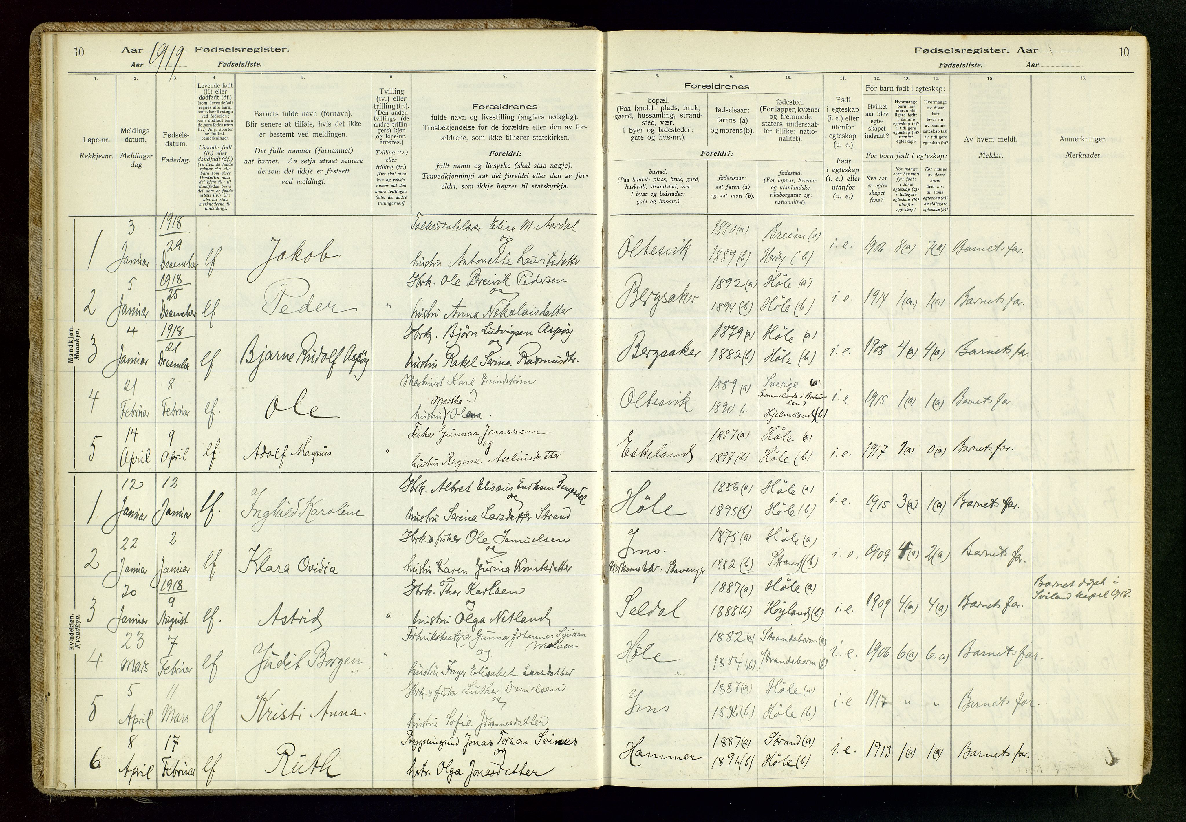 Høgsfjord sokneprestkontor, AV/SAST-A-101624/I/Id/L0001: Birth register no. 1, 1916-1982, p. 10