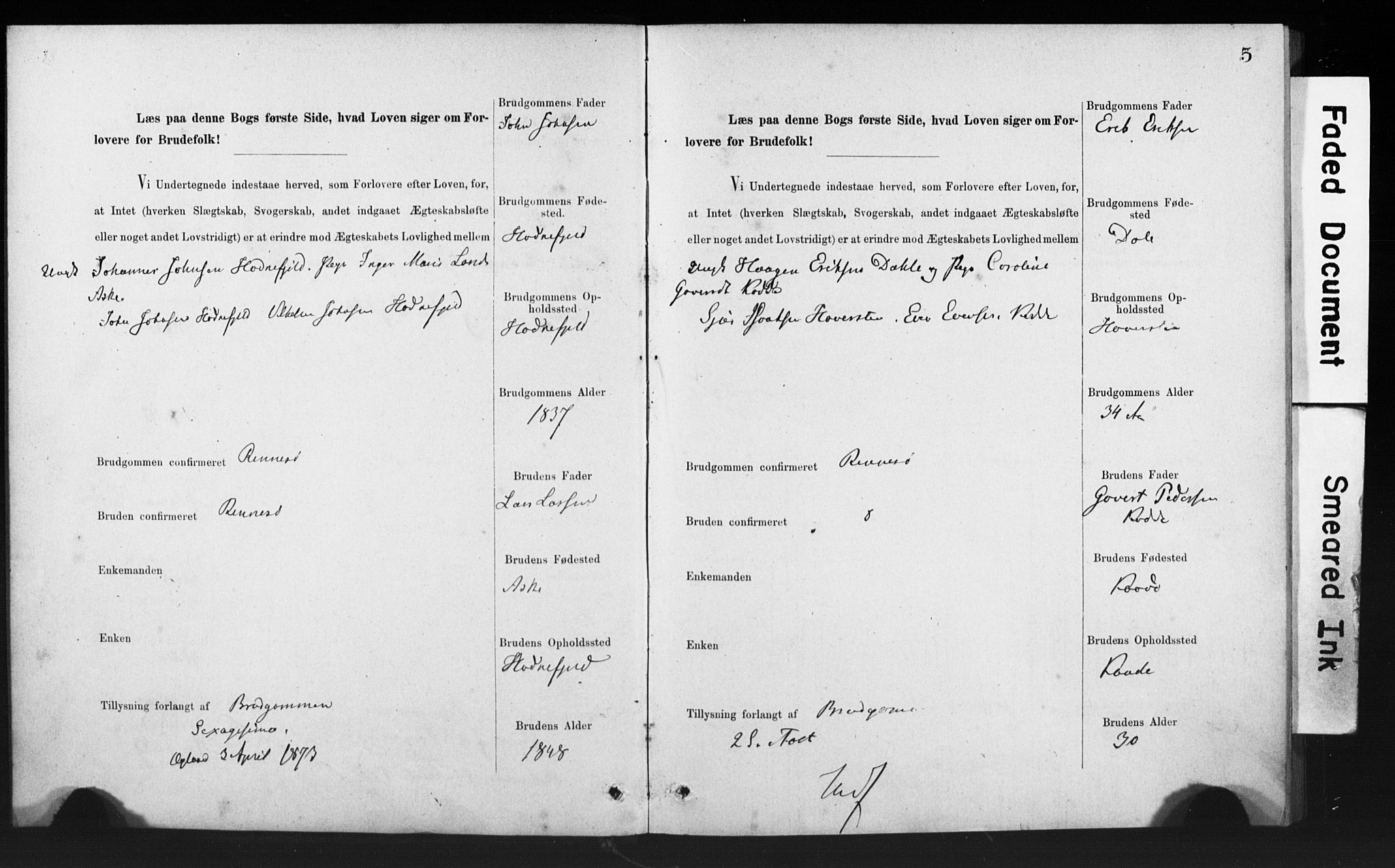 Rennesøy sokneprestkontor, SAST/A -101827/I/Ie/L0001: Banns register no. 1, 1873-1898, p. 5