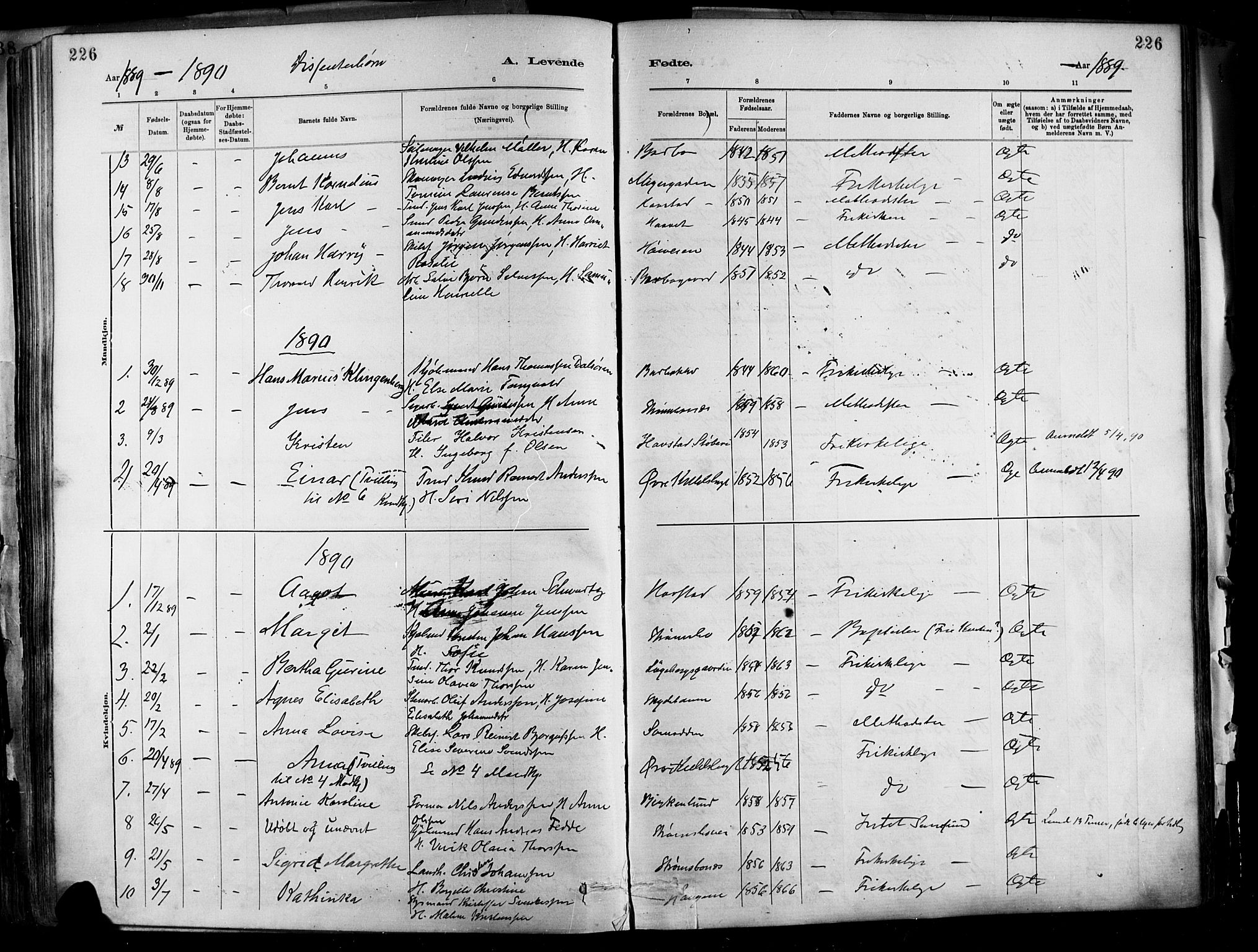 Barbu sokneprestkontor, SAK/1111-0003/F/Fa/L0002: Parish register (official) no. A 2, 1883-1898, p. 226