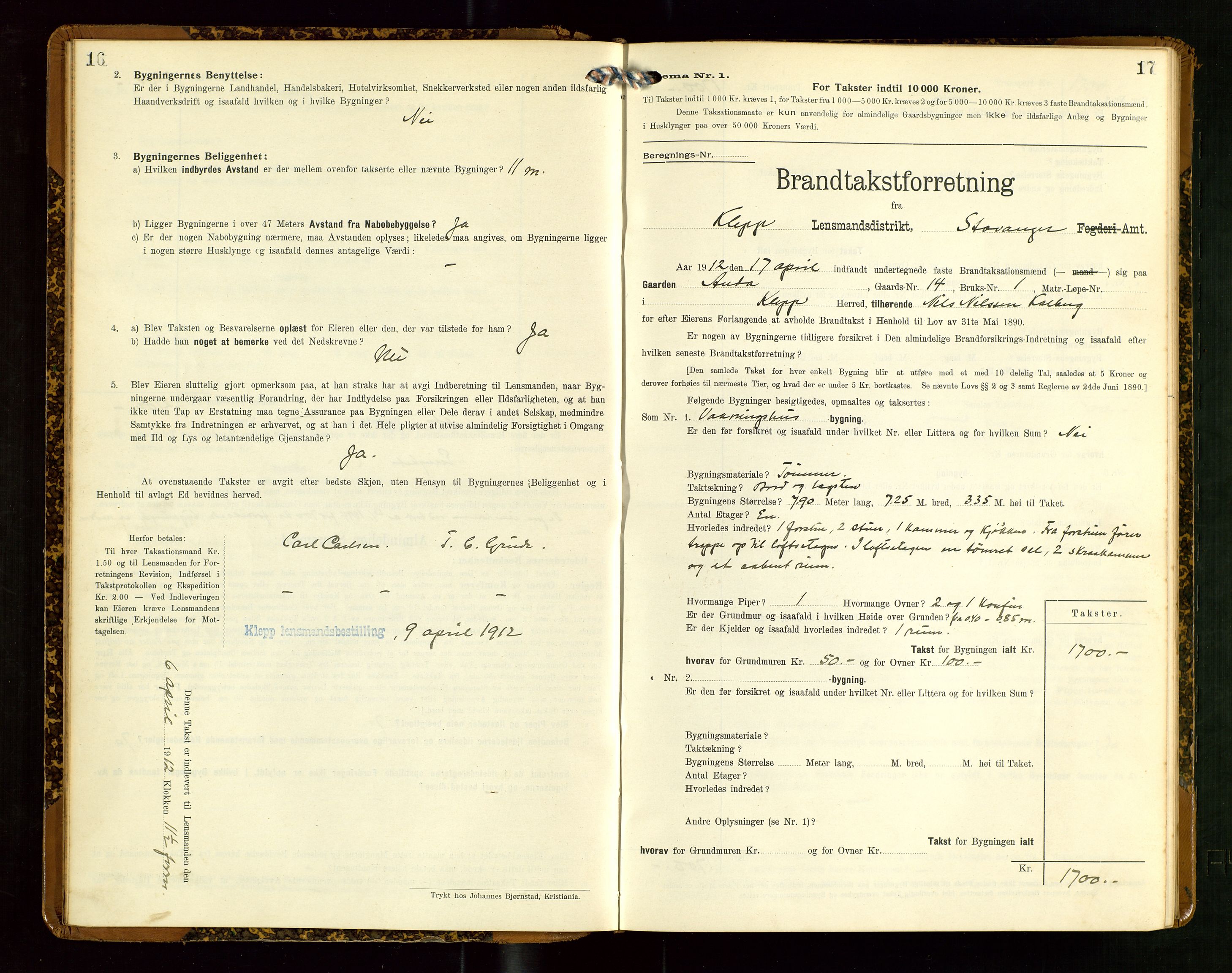 Klepp lensmannskontor, AV/SAST-A-100163/Goc/L0007: "Brandtaxationsprotokol" m/register, 1911-1915, p. 16-17