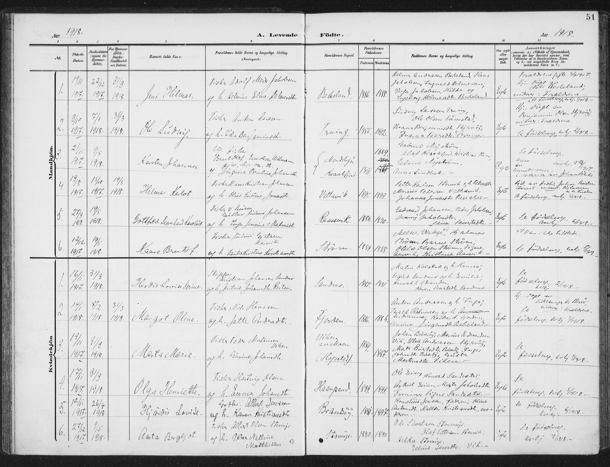 Ministerialprotokoller, klokkerbøker og fødselsregistre - Sør-Trøndelag, SAT/A-1456/657/L0709: Parish register (official) no. 657A10, 1905-1919, p. 51