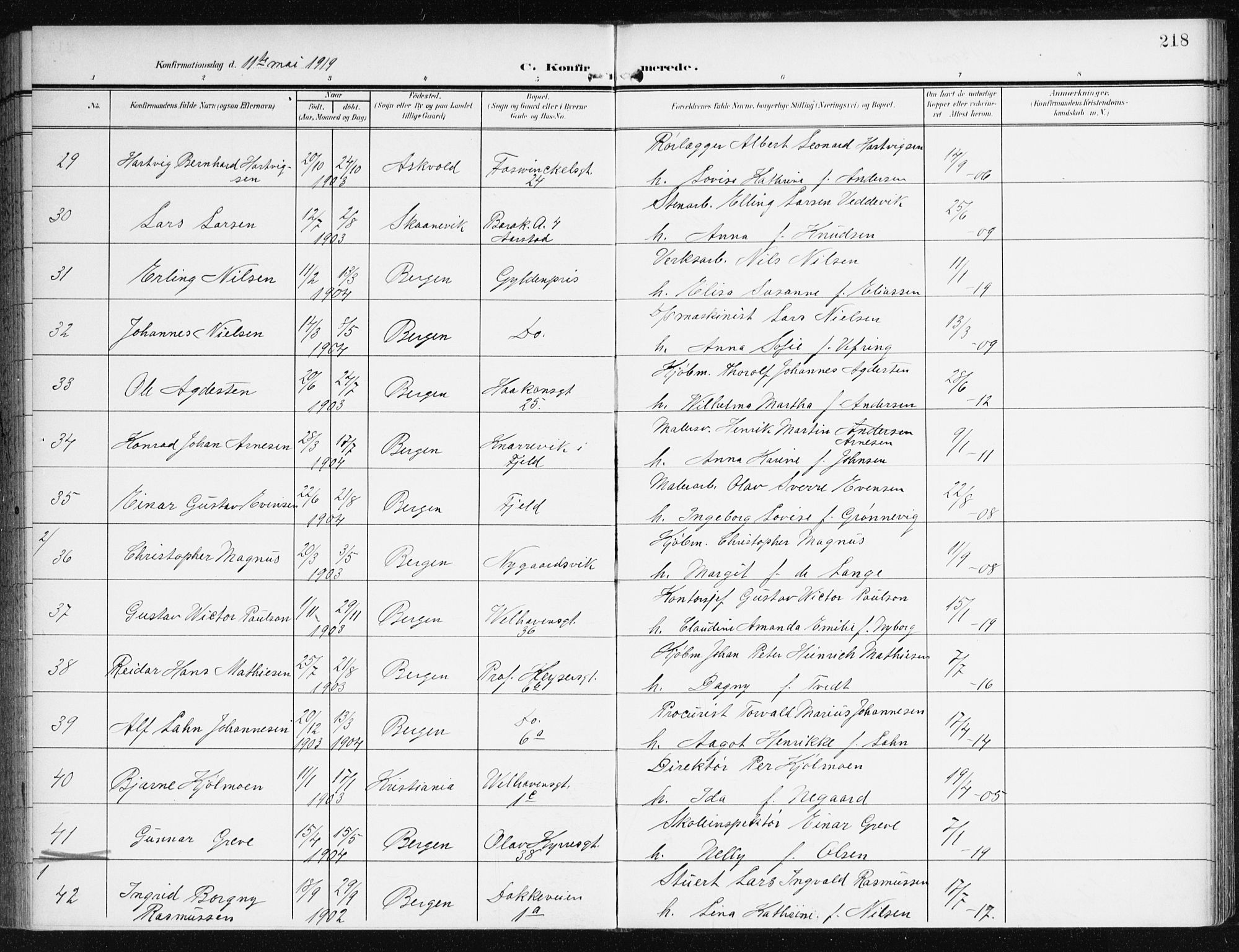 Johanneskirken sokneprestembete, AV/SAB-A-76001/H/Haa/L0009: Parish register (official) no. C 2, 1907-1924, p. 218