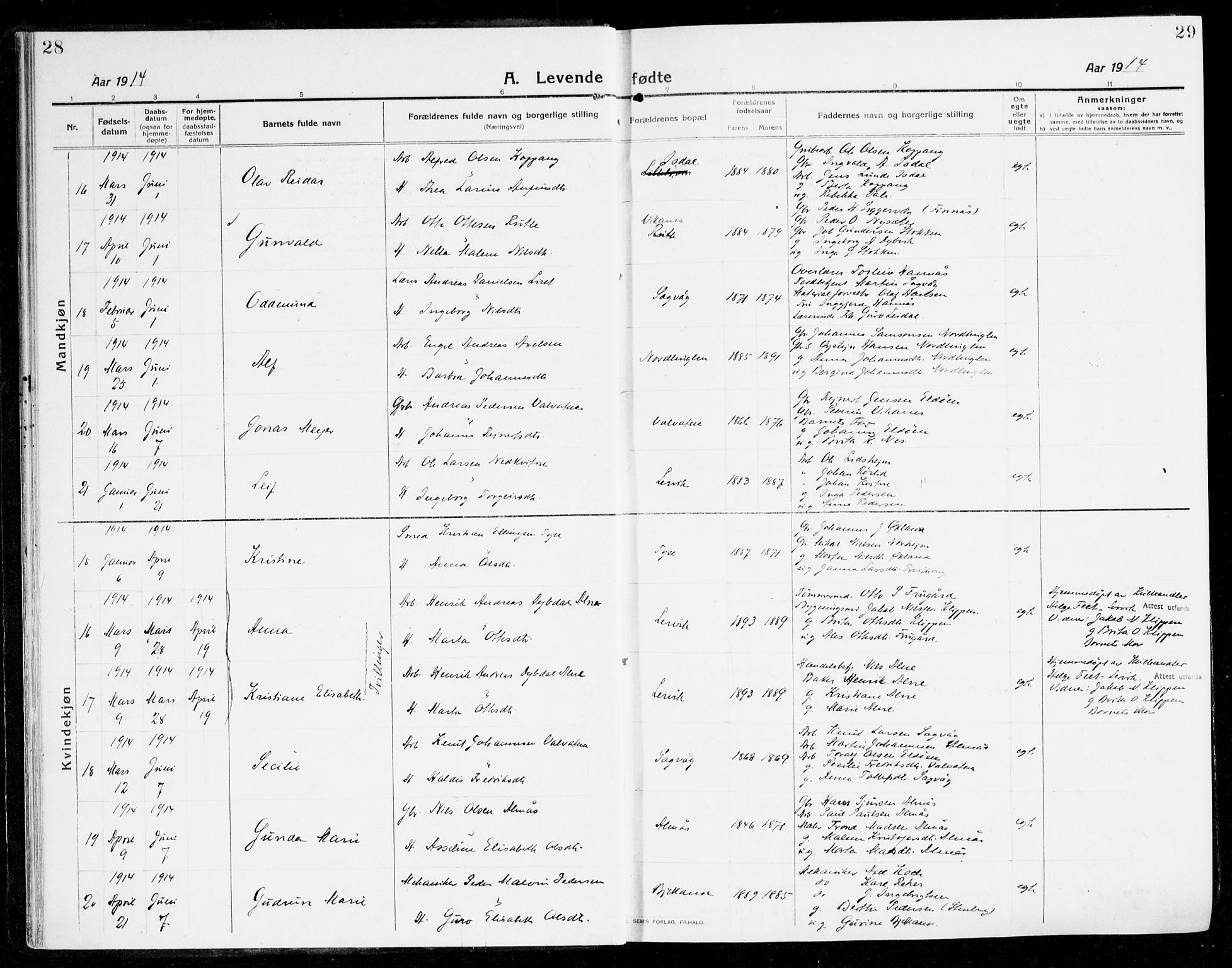 Stord sokneprestembete, AV/SAB-A-78201/H/Haa: Parish register (official) no. B 3, 1913-1925, p. 28-29