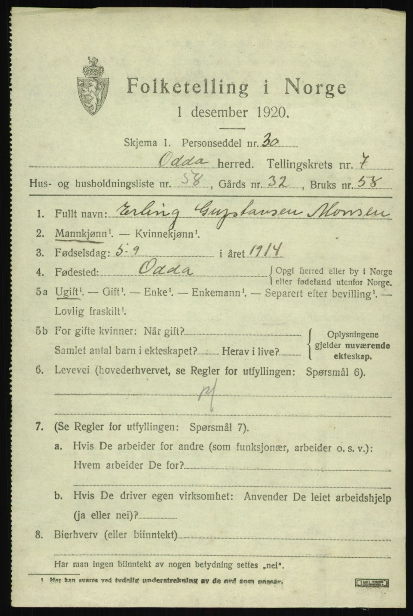 SAB, 1920 census for Odda, 1920, p. 6393