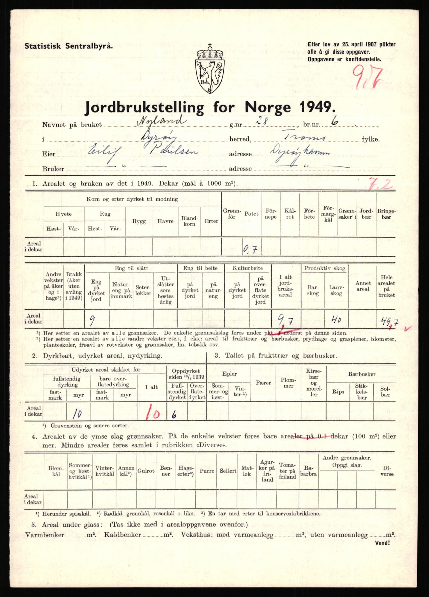 Statistisk sentralbyrå, Næringsøkonomiske emner, Jordbruk, skogbruk, jakt, fiske og fangst, AV/RA-S-2234/G/Gc/L0440: Troms: Sørreisa og Dyrøy, 1949, p. 960