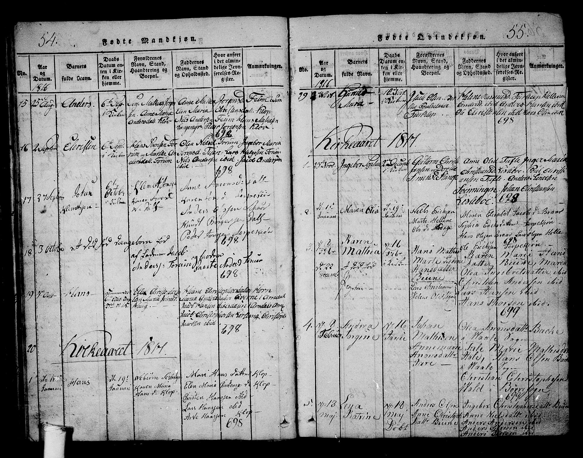 Ramnes kirkebøker, AV/SAKO-A-314/G/Ga/L0001: Parish register (copy) no. I 1, 1813-1847, p. 54-55