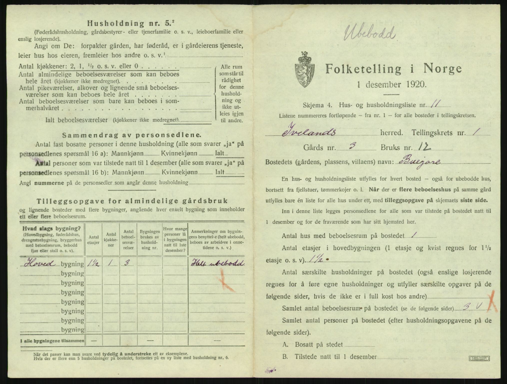 SAK, 1920 census for Iveland, 1920, p. 57