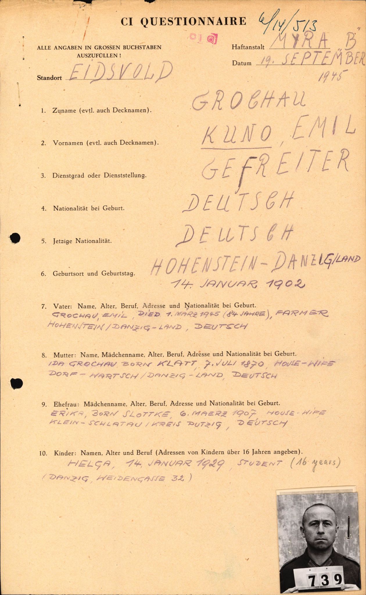 Forsvaret, Forsvarets overkommando II, AV/RA-RAFA-3915/D/Db/L0010: CI Questionaires. Tyske okkupasjonsstyrker i Norge. Tyskere., 1945-1946, p. 221