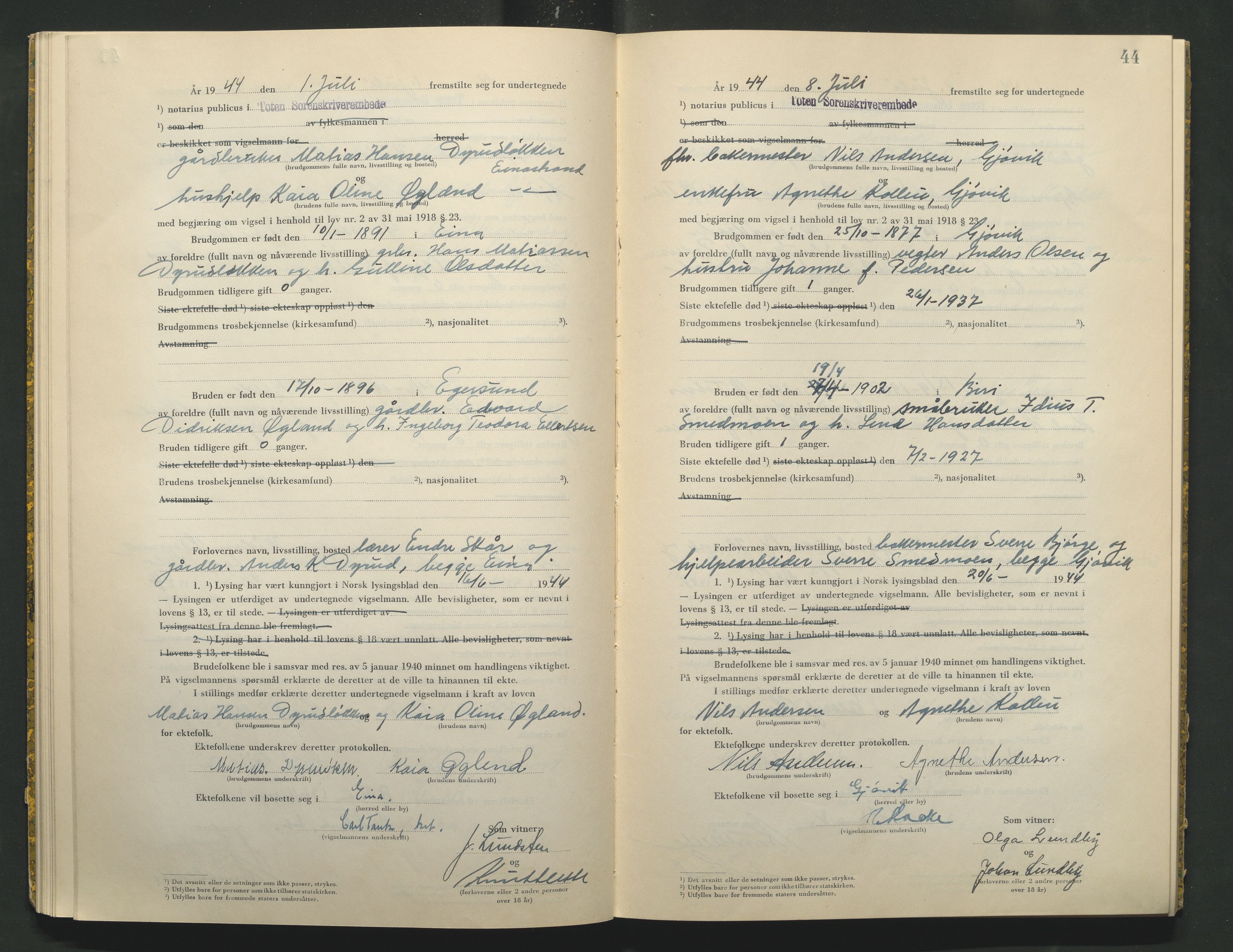 Toten tingrett, AV/SAH-TING-006/L/Lc/L0004: Vigselbok, 1944, p. 44