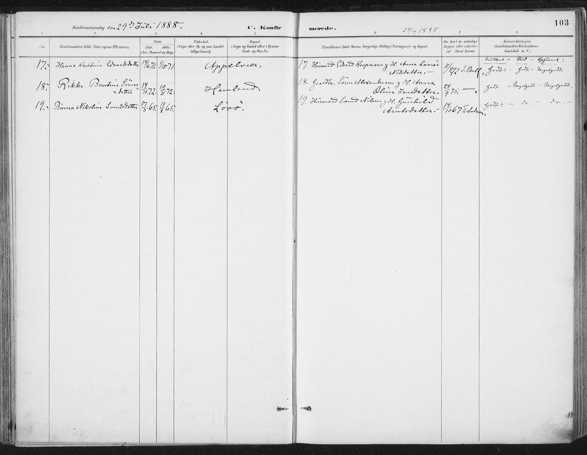 Ministerialprotokoller, klokkerbøker og fødselsregistre - Nord-Trøndelag, AV/SAT-A-1458/784/L0673: Parish register (official) no. 784A08, 1888-1899, p. 103