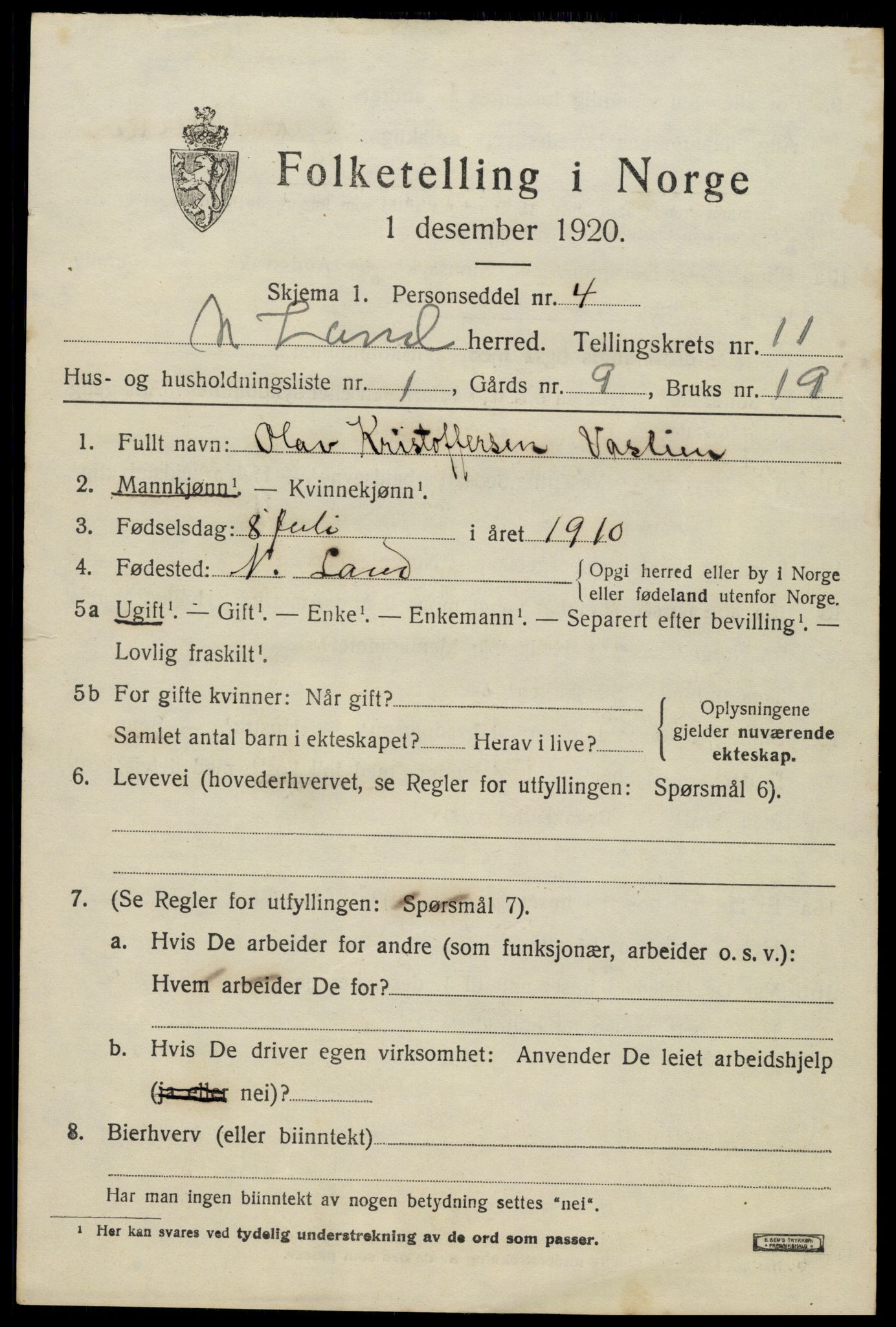 SAH, 1920 census for Nordre Land, 1920, p. 5664