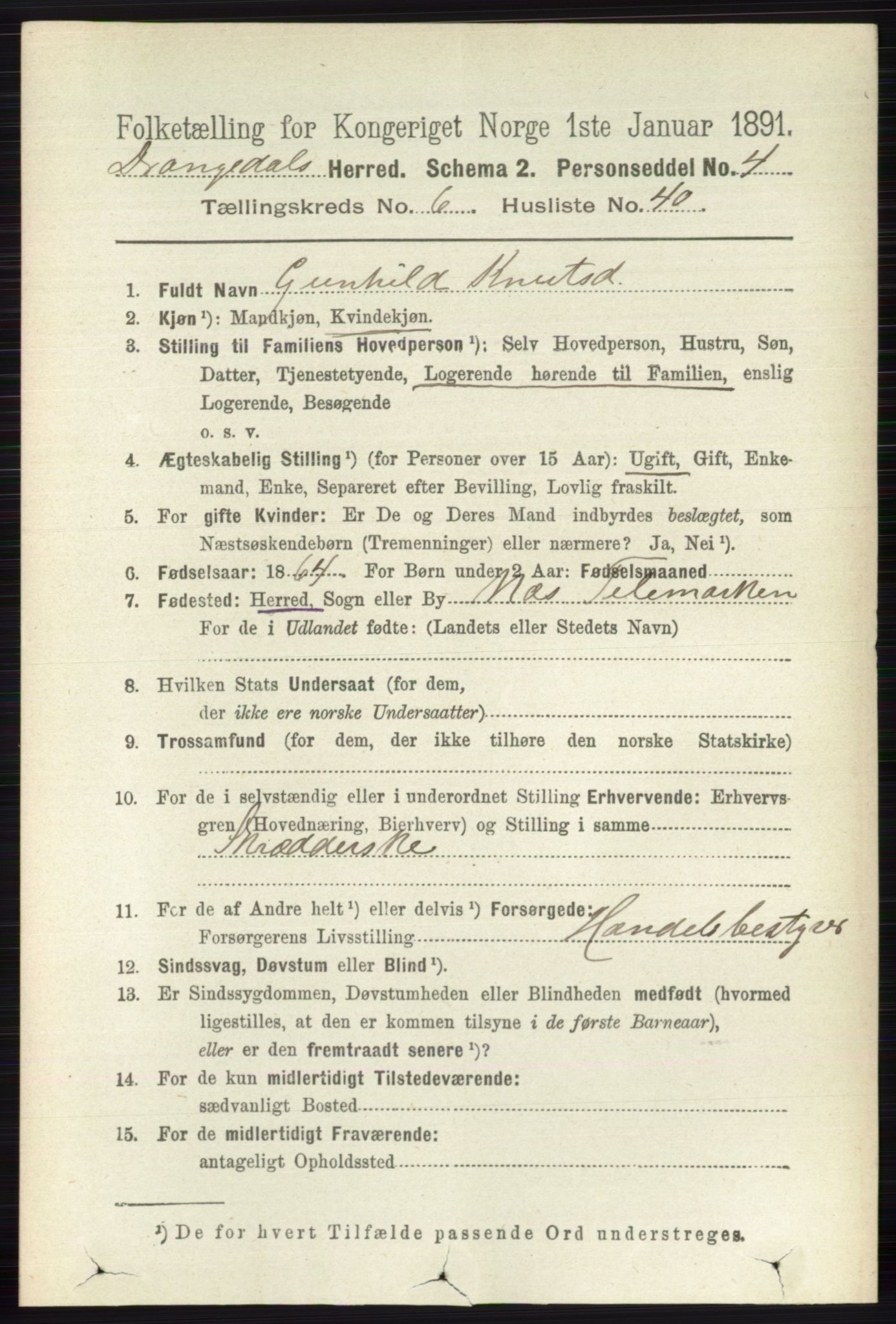 RA, 1891 census for 0817 Drangedal, 1891, p. 2300