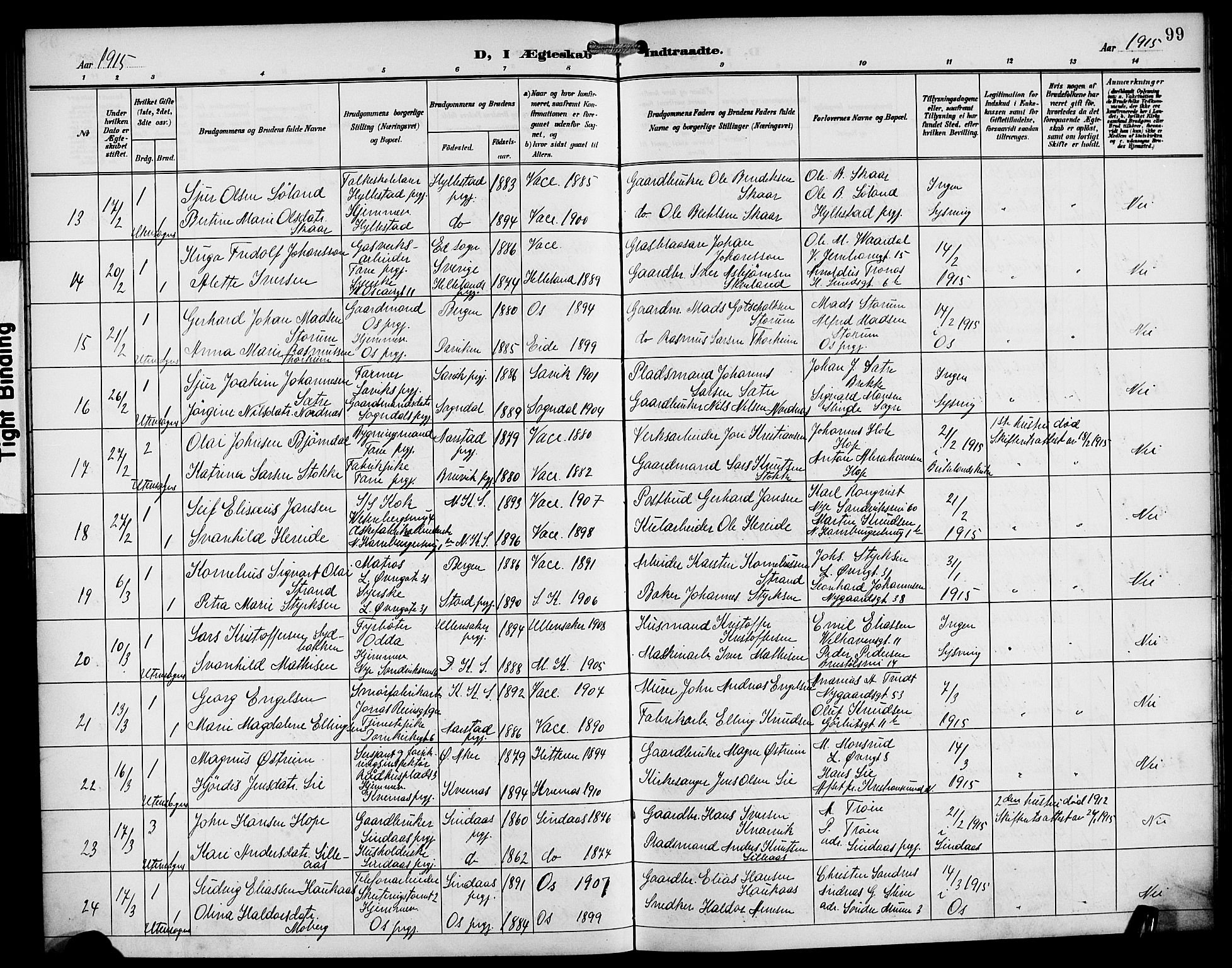 Korskirken sokneprestembete, AV/SAB-A-76101/H/Hab: Parish register (copy) no. D 4, 1906-1925, p. 99
