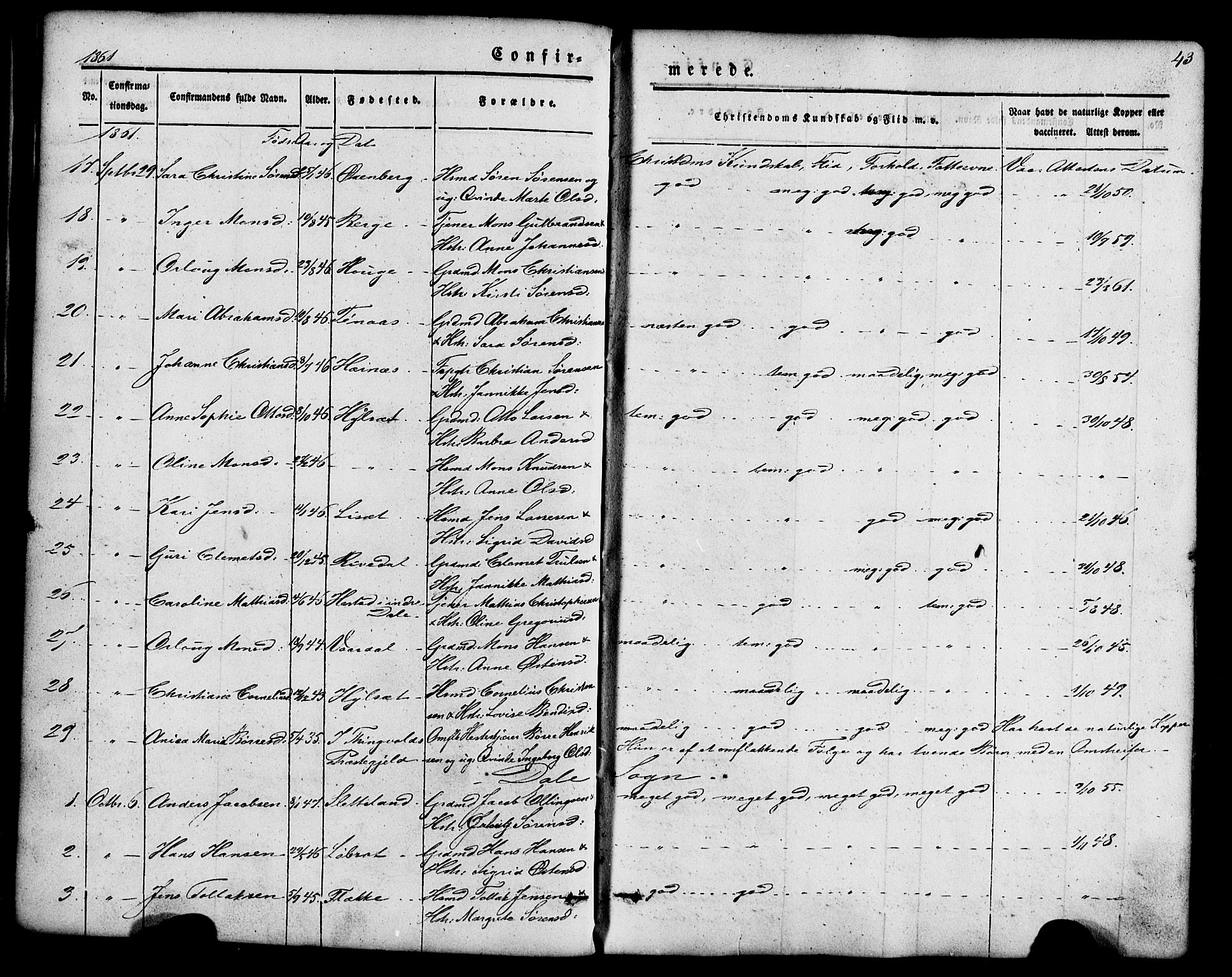 Fjaler sokneprestembete, SAB/A-79801/H/Haa/Haaa/L0008: Parish register (official) no. A 8, 1850-1886, p. 43