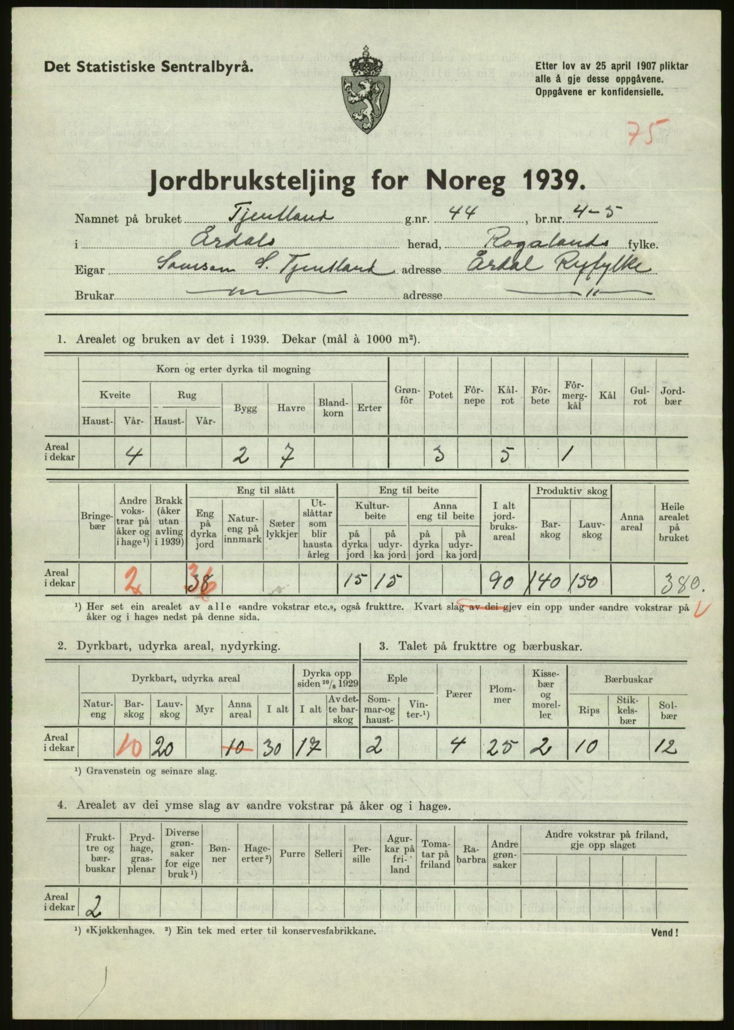 Statistisk sentralbyrå, Næringsøkonomiske emner, Jordbruk, skogbruk, jakt, fiske og fangst, AV/RA-S-2234/G/Gb/L0184: Rogaland: Årdal, Fister og Hjelmeland, 1939, p. 747