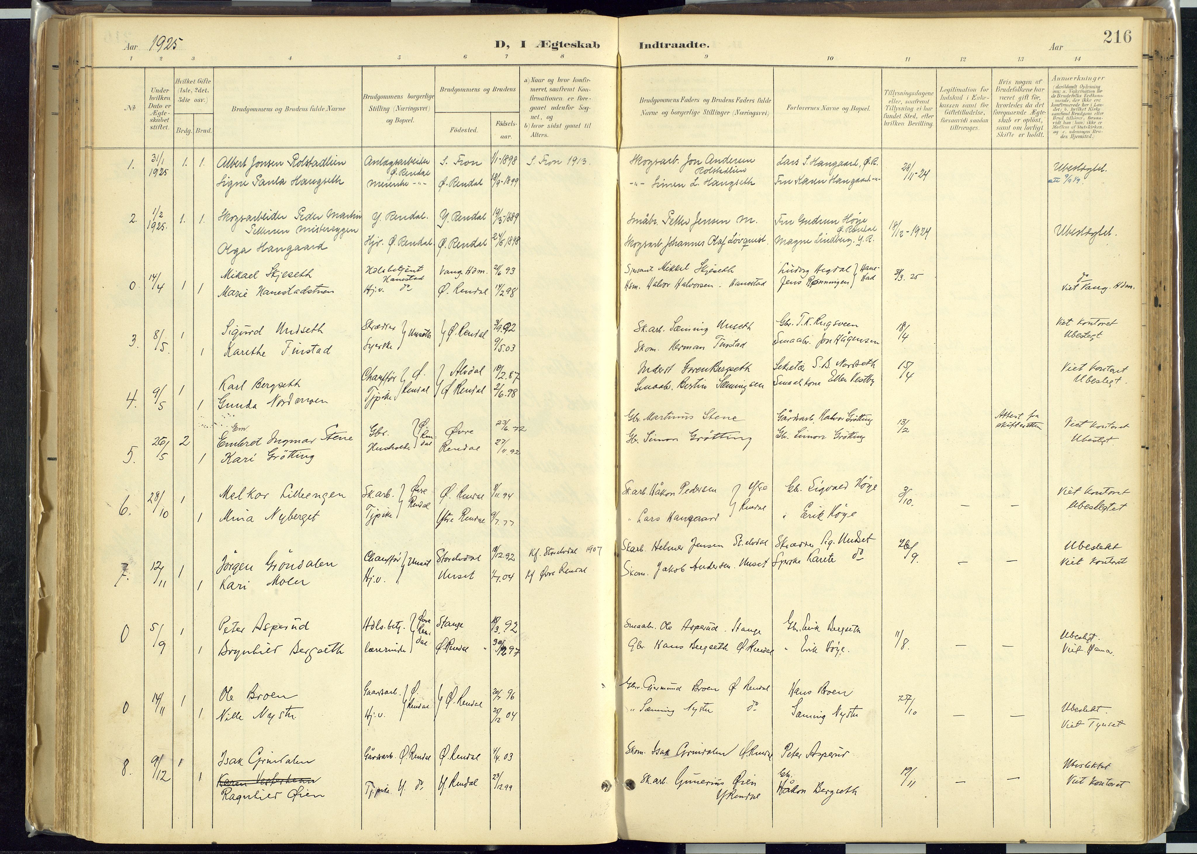 Rendalen prestekontor, SAH/PREST-054/H/Ha/Haa/L0012: Parish register (official) no. 12, 1901-1928, p. 216