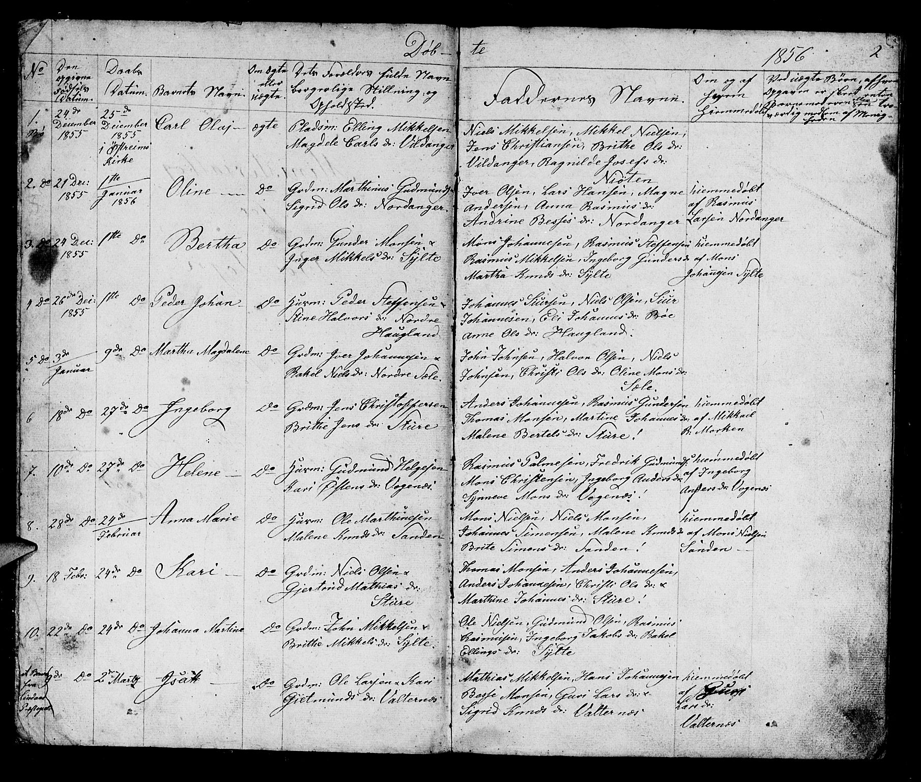 Manger sokneprestembete, SAB/A-76801/H/Hab: Parish register (copy) no. B 1, 1856-1881, p. 2