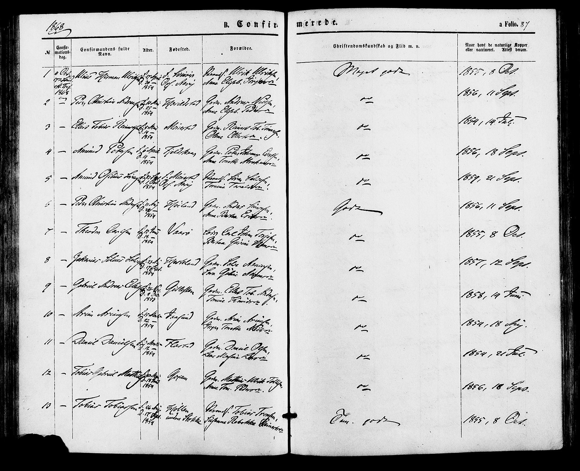 Sør-Audnedal sokneprestkontor, SAK/1111-0039/F/Fa/Faa/L0003: Parish register (official) no. A 3, 1868-1883, p. 87