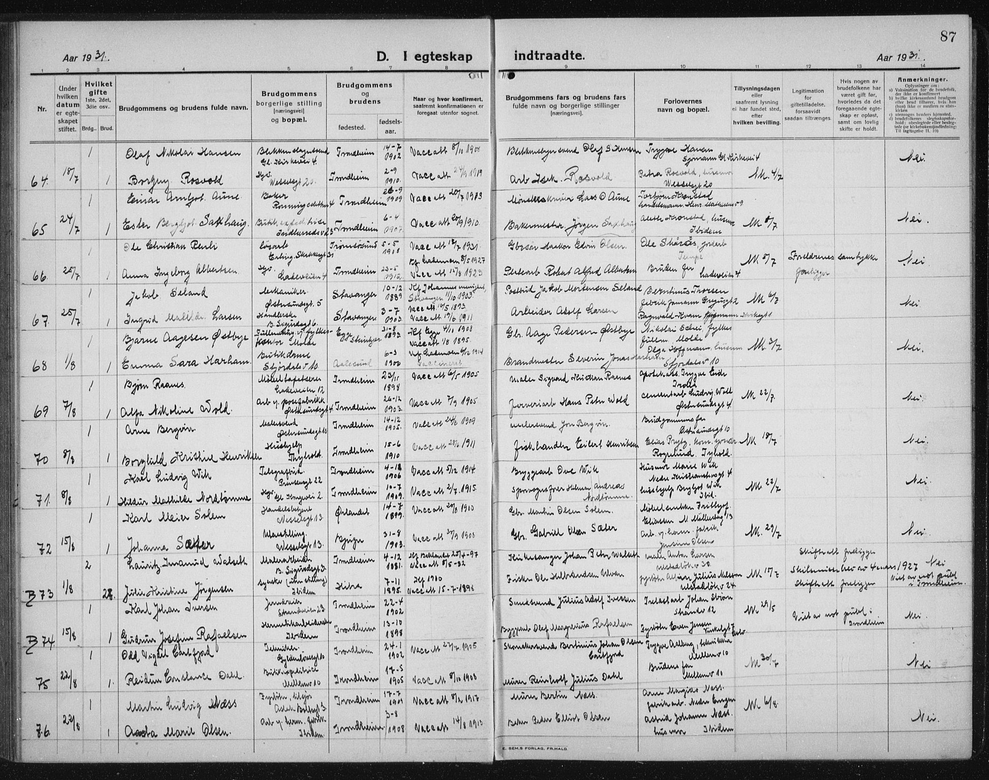 Ministerialprotokoller, klokkerbøker og fødselsregistre - Sør-Trøndelag, AV/SAT-A-1456/605/L0260: Parish register (copy) no. 605C07, 1922-1942, p. 87