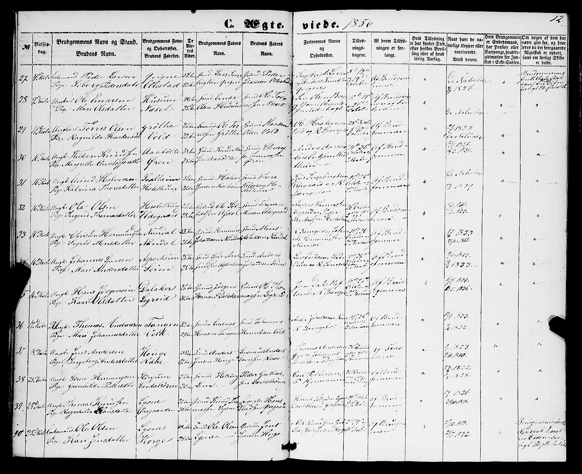Lærdal sokneprestembete, SAB/A-81201: Parish register (official) no. A 15, 1853-1877, p. 12