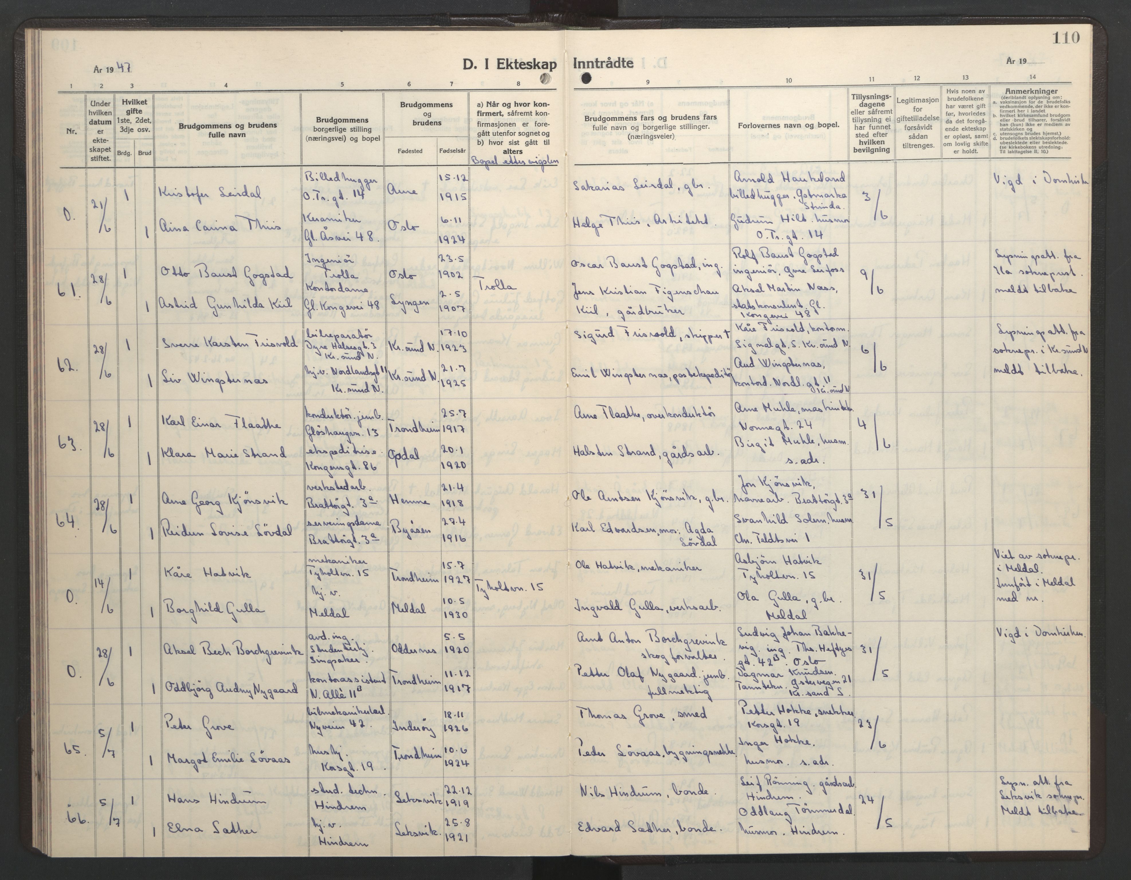 Ministerialprotokoller, klokkerbøker og fødselsregistre - Sør-Trøndelag, AV/SAT-A-1456/602/L0154: Parish register (copy) no. 602C22, 1940-1947, p. 110